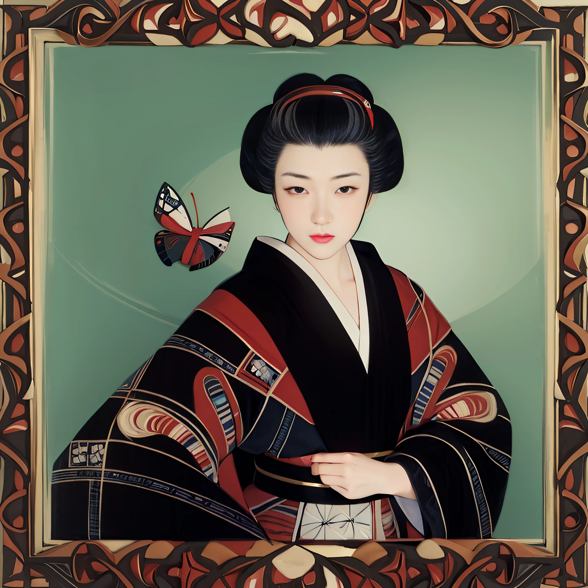pintura de uma mulher em um quimono com uma borboleta, Retrato da gueixa, mulher japonesa elegante, inspired by Uemura Shōen, Retrato de uma gueixa, Retrato de uma gueixa bonita, No estilo de arte de Ukiyo - E, inspirado em Utagawa Kunisada III, inspired by Itō Shinsui.