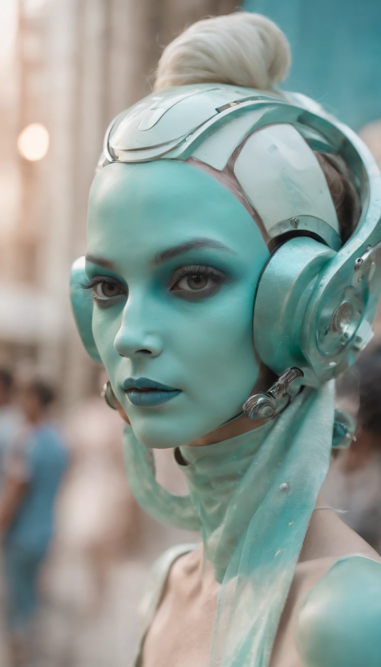 Arte oficial, Unity 8k papel de parede, Ultra Detalhado, Beautiful and Aesthetic, Beautiful, obra-prima, melhor qualidade, RAW, foto super fina, super high res, fotorrealista, luz solar, retrato de corpo inteiro, incrivelmente bonito, dinamic pose, rosto delicado, olhos vibrantes, (Vista lateral), There are people wearing weird futuristic masks and wearing extravagant retro fashion outfits and men and women wearing alien makeup and old ornaments with mechanical pets in town, a 1960s science fiction film by Wes Anderson, pastels colors, rosa, azul e verde, Luz Natural, Psicodelia, futurista estranho, foco nítido, Intrinsic, Fuji filmes 55mm, altamente detalhado, rosto detalhado, fundo complexo detalhado ocupado, Messy, lindo, leitoso, pele altamente detalhada, detalhes realistas da pele, visible pores, foco nítido, volumetric mist, 8k UHD, DSLR Camera, alta qualidade, grain of cinematographs, renderizado, Lomografia, Expanding metropolis in a retrofuturistic dystopia, vista de baixo, translucid
