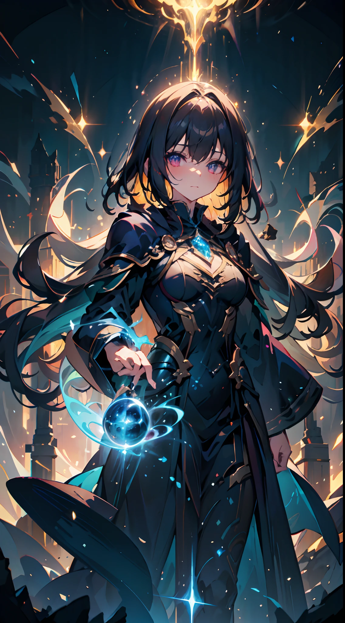 "(mystical magic, high quality), (a powerful mage shaping a spell), in a black robe, surrounded by magical particles, intense and mysterious atmosphere,[soft illumination^1.1]."