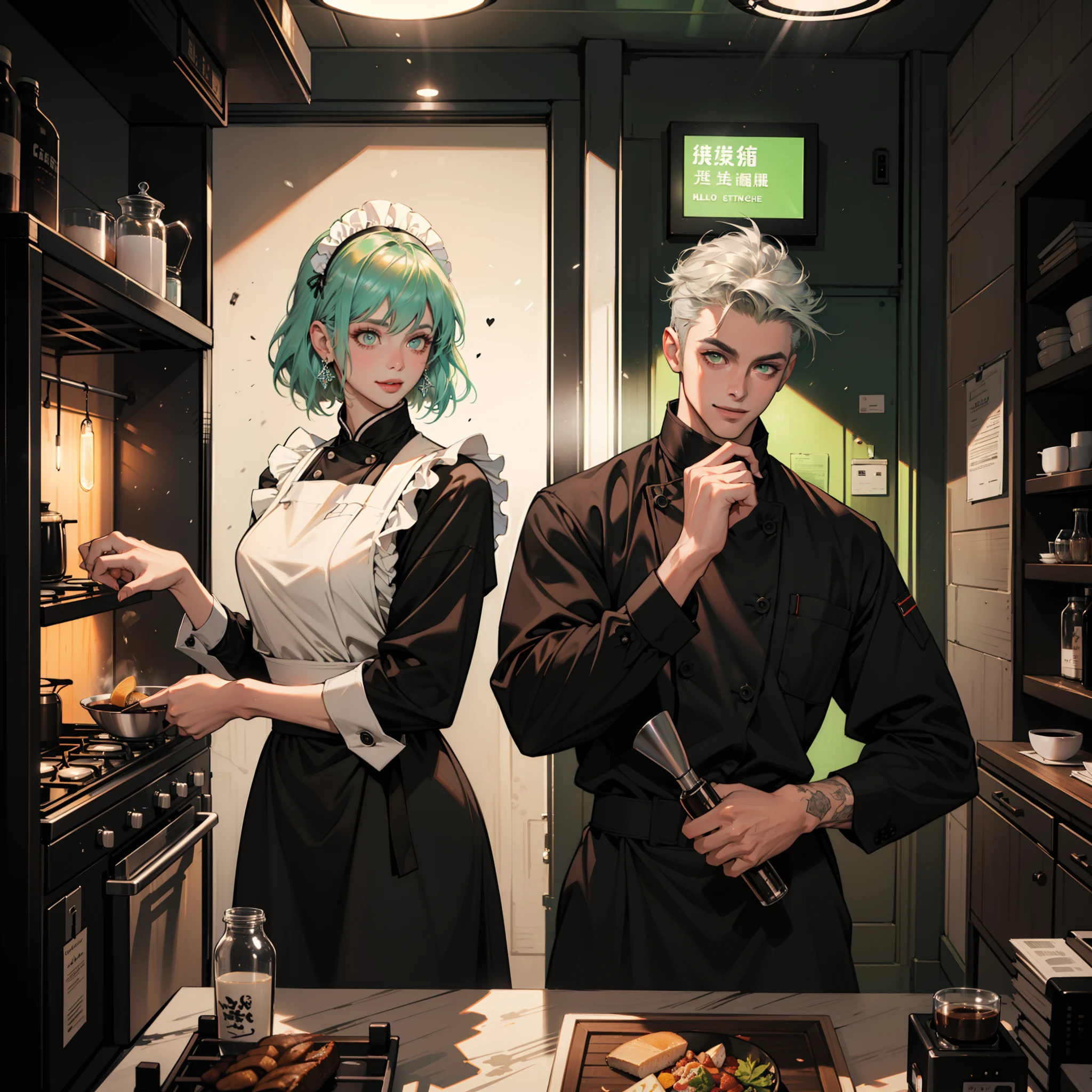 (Best quality, Masterpiece, Ultra-high resolution full screen:1.37), Night Room, Cool color scheme for large open kitchen with coffee and wine, coffee machines, Coffee lockers, Green neon color scheme, Silver hair, Costume of a black chef, Cat ears, Orange and black matching outfits, Professional maid, Cafe beauty, Cyberpunk background, Rich background, Side, Smile, Various carefree poses, Perfect makeup, Love eyes, 8K quality, Cyberpunk, sense of science and technology, Character backlighting, Edge light, Movement changes, Flowing hair, Hair is scattered, Finger numbering collation, The most beautiful girl in mankind, Wear a maid headdress, Luminous accessories, Luminous earrings, Wear delicate accessories, Delicate close-up of the face, Realistic image quality, Super light and shadow, the body is very good, Meticulous, Cooking in the house in the evening, the body is very good, Sexy, luminous, Cool, Very stylish open kitchen, Kitchen in the evening, Lei Huili, Rich in ingredients, Happy smile,