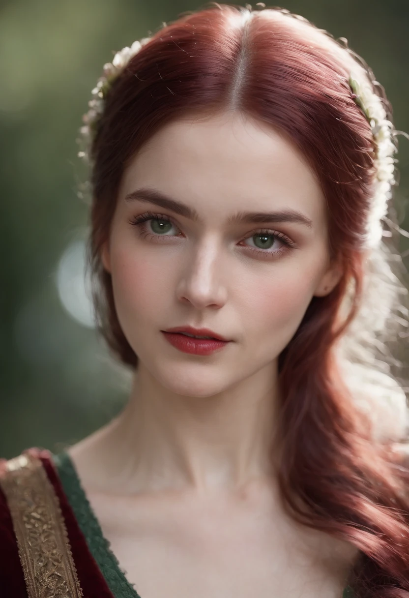 (((a deep reddish wound crosses her left cheek))) fair complexion, woman around 19 years old, natural white hair, distinctive green eyes, wearing kohl, slender and graceful, beautiful, candlelight in a medieval setting, ultra sharp focus, realistic shot, medieval female clothes, tetradic colors (scar:1.4)