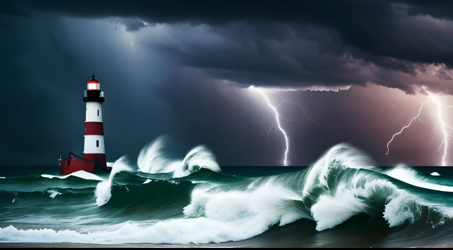 stormy sea, shipwrecked sailors, dramatic waves crashing, dark clouds, lightning and thunder, haunting atmosphere, abandoned ship, treacherous voyage, desperate struggle for survival, eerie glow from a lighthouse, raging storm, powerful imagery