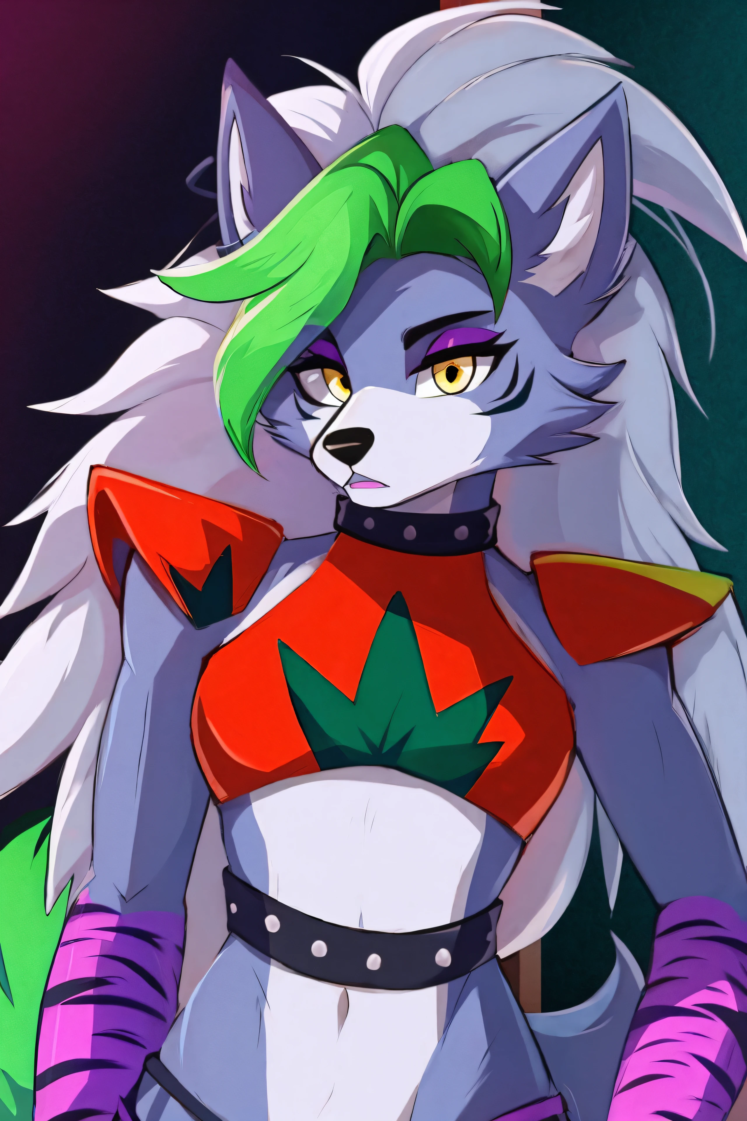 best quality, fnafroxanne, furry female, body fur, makeup, wolf ears, wolf tail, grey hair, green hair, yellow eyes, crop top,