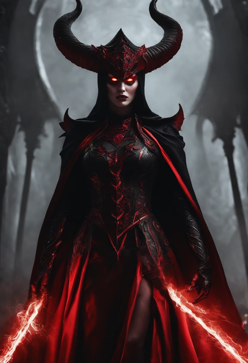 The female demon stands tall,menacing, Exudes an aura of hatred and malice. Her clothes were black and torn, Her eyes flashed a disturbing crimson. She represents everything contrary to unity and positivity
