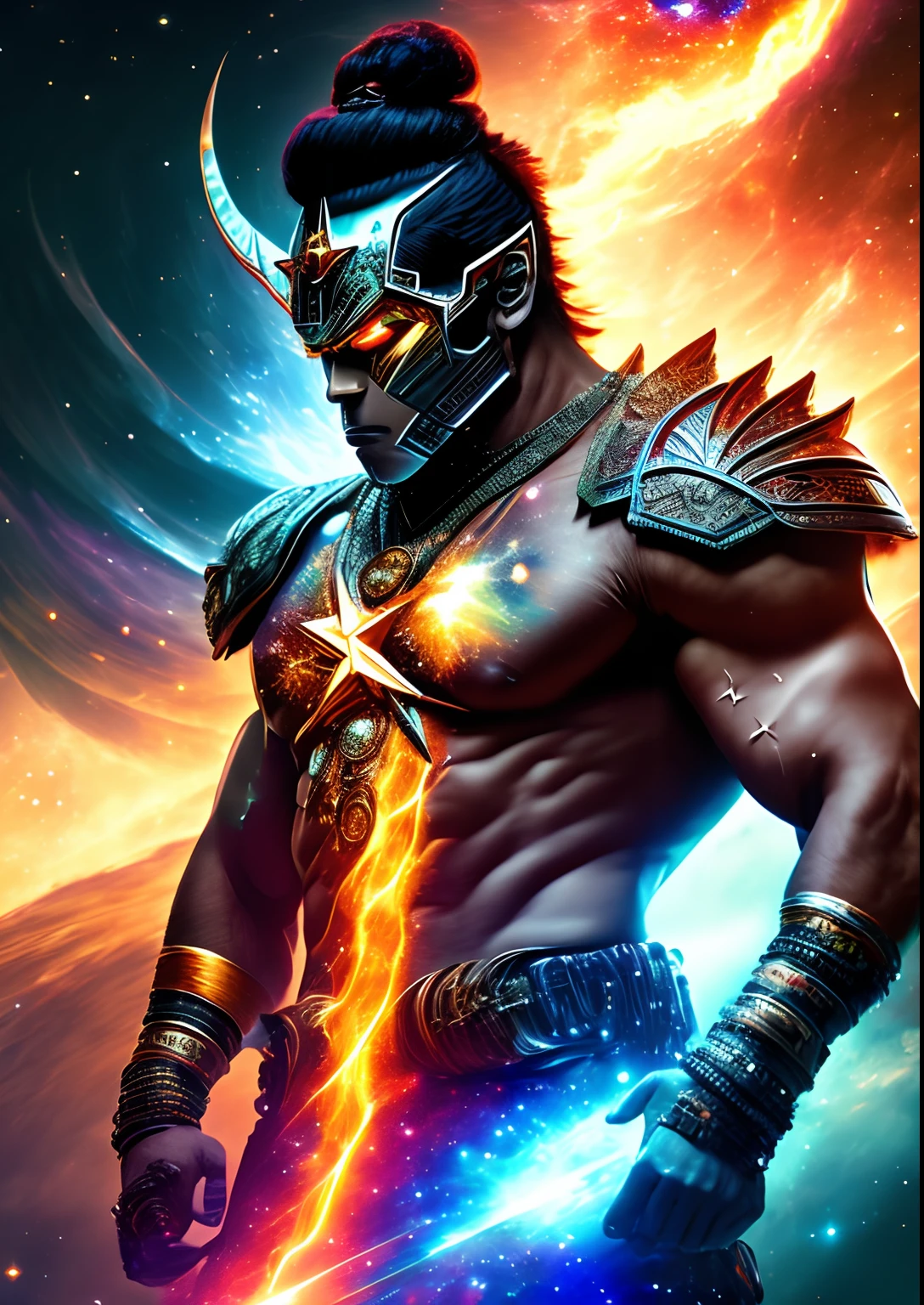 dreamlikeart, galaxy, outer space, nebula, star, [cyberpunked] Hanuman from the Stars. (star:1.5),