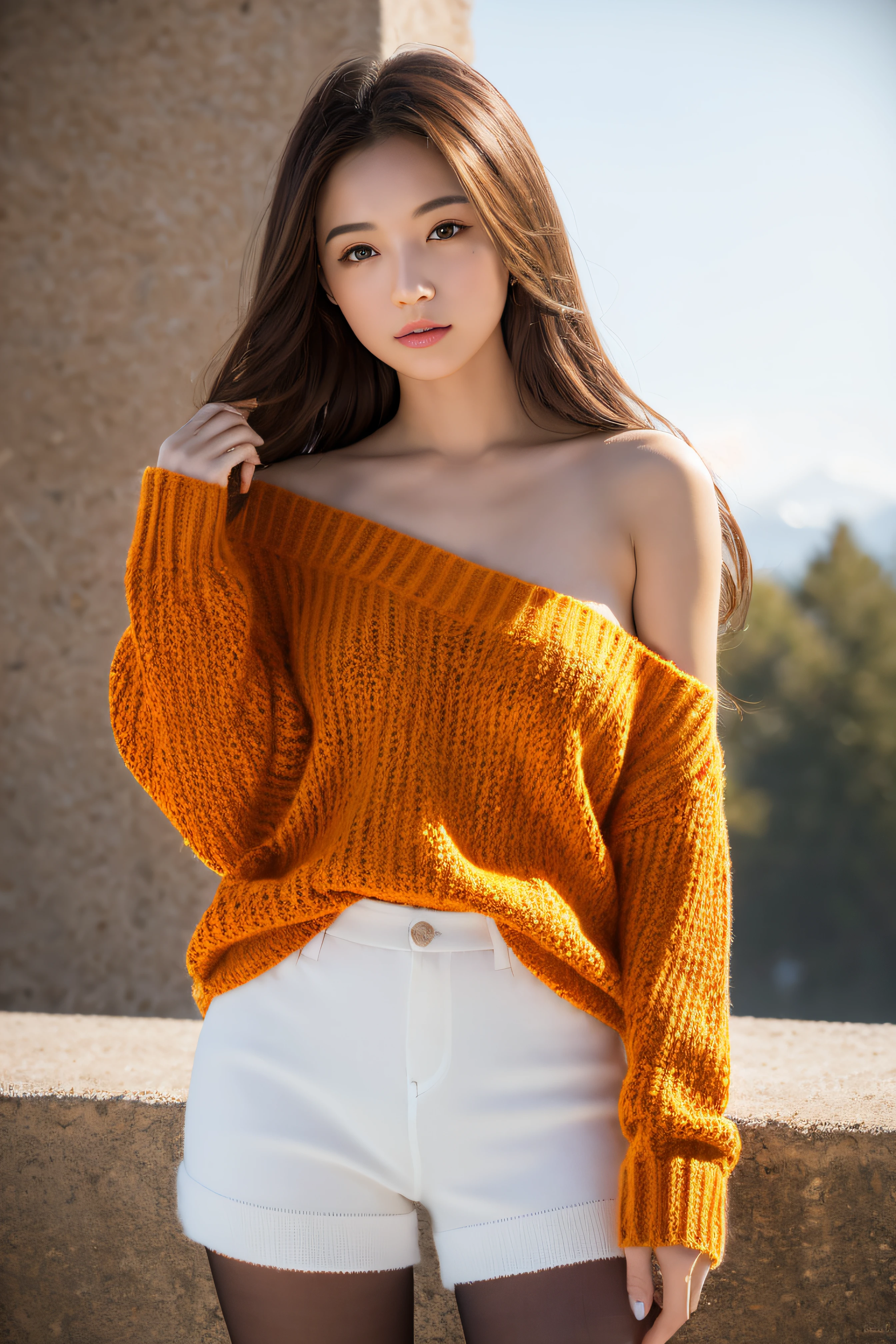 (RAW photo) Winters，snow landscape，a girl wearing an orange shoulder-length sweater and wool shorts，medium breasts, long hair, lacepantyhose, white underwear, Random color，long sweater，depth of fields，Real light，Ray traching，OC renderer，UE5 renderer，Hyper-realistic，best qualtiy，8K，Works of masters，super-fine，Detailed pubic hair，Correct anatomy.