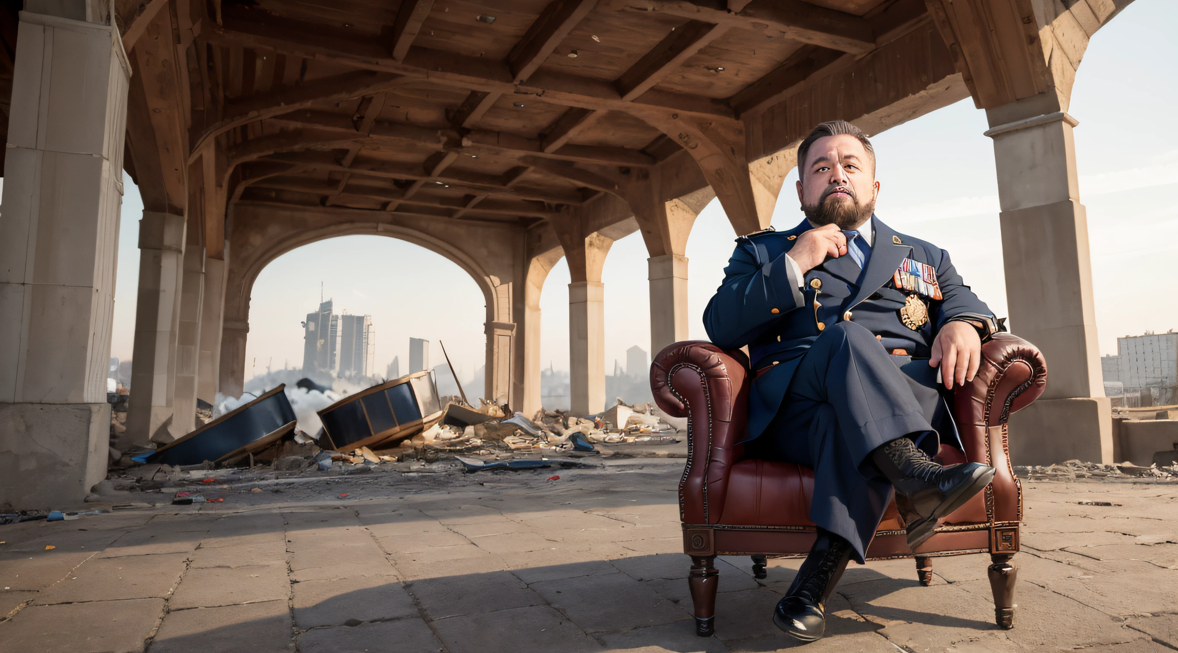 , Short man, dwarf , His feet do not touch the ground. , Wearing a military uniform , Sitting on a wonderful chair , In the background buildings are destroyed , and bridges , and the poor, Very realistic --auto
