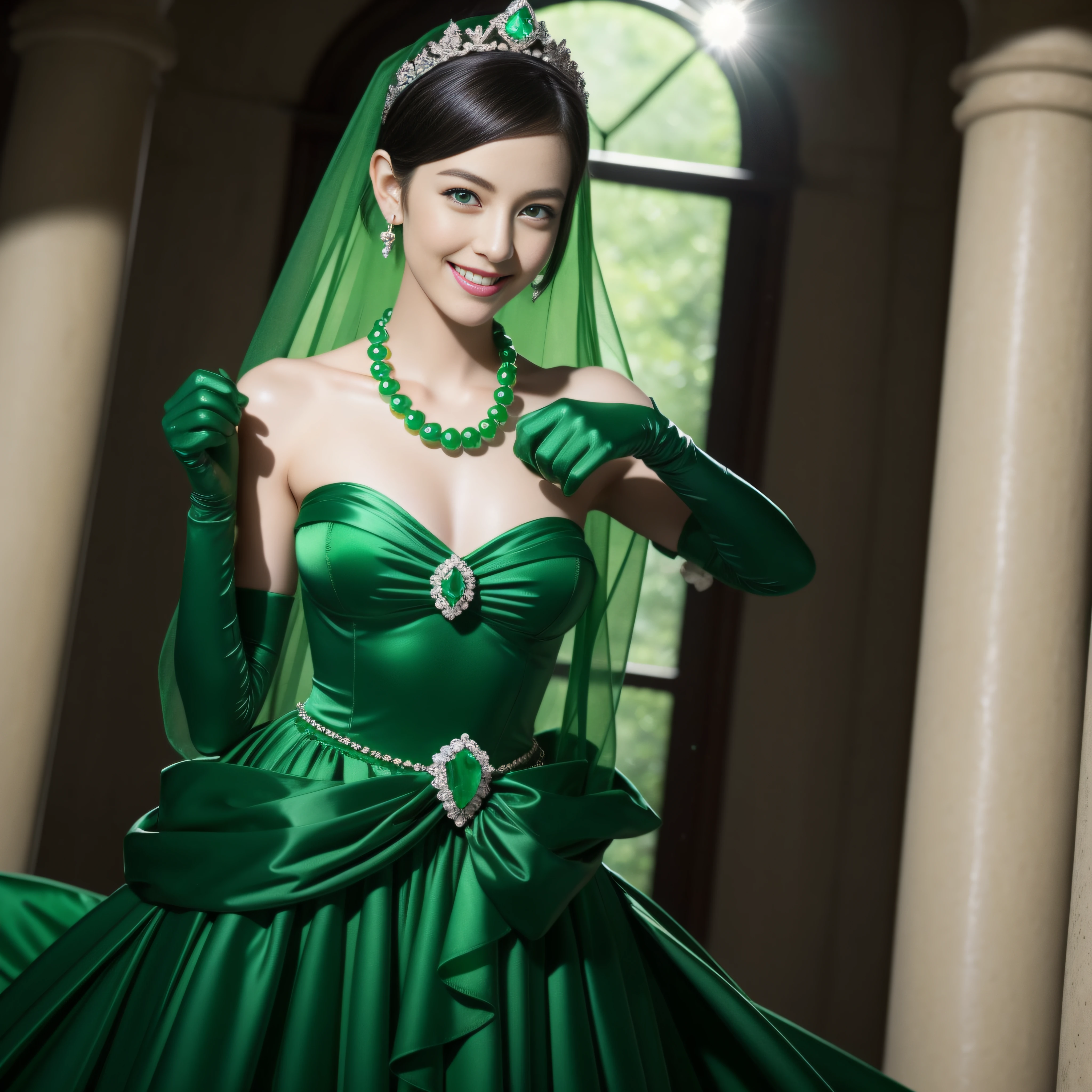 emerald tiara, Green Pearl Necklace, Boyish very short black hair, lipsticks, Japan woman smiling, very short short hair, big breasts beautiful, Green eyes, Long green gloves made of satin material, Green eyes, Emerald Earrings