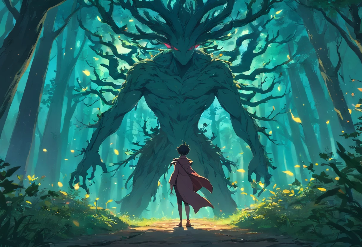Crie um personagem que seja uma entidade natural como Hanami de Jujutsu Kaisen. The body should be covered with elements of nature such as tree bark, folhas e flores. It should have a single eye and horns that resemble tree branches, adornados com flores. One of the arms should be like a twig twisted with thorns. The character must wear clothes that appear to have grown directly from his body. Exudes a cursed aura. Closeup of a person standing in a dark forest, Arte conceitual de uma floresta escura, floresta de fantasia escura, arte de fantasia sombria, an ominous fantasy illustration, arte de estilo fantasia escura, arte conceitual de fantasia sombria, fundo escuro da fantasia, dnd em uma floresta escura, Epic Fantasy Digital Art Style, ambiente de fantasia sombria, Floresta Proibida, paisagem de fantasia escura, Arte de fantasia 8k