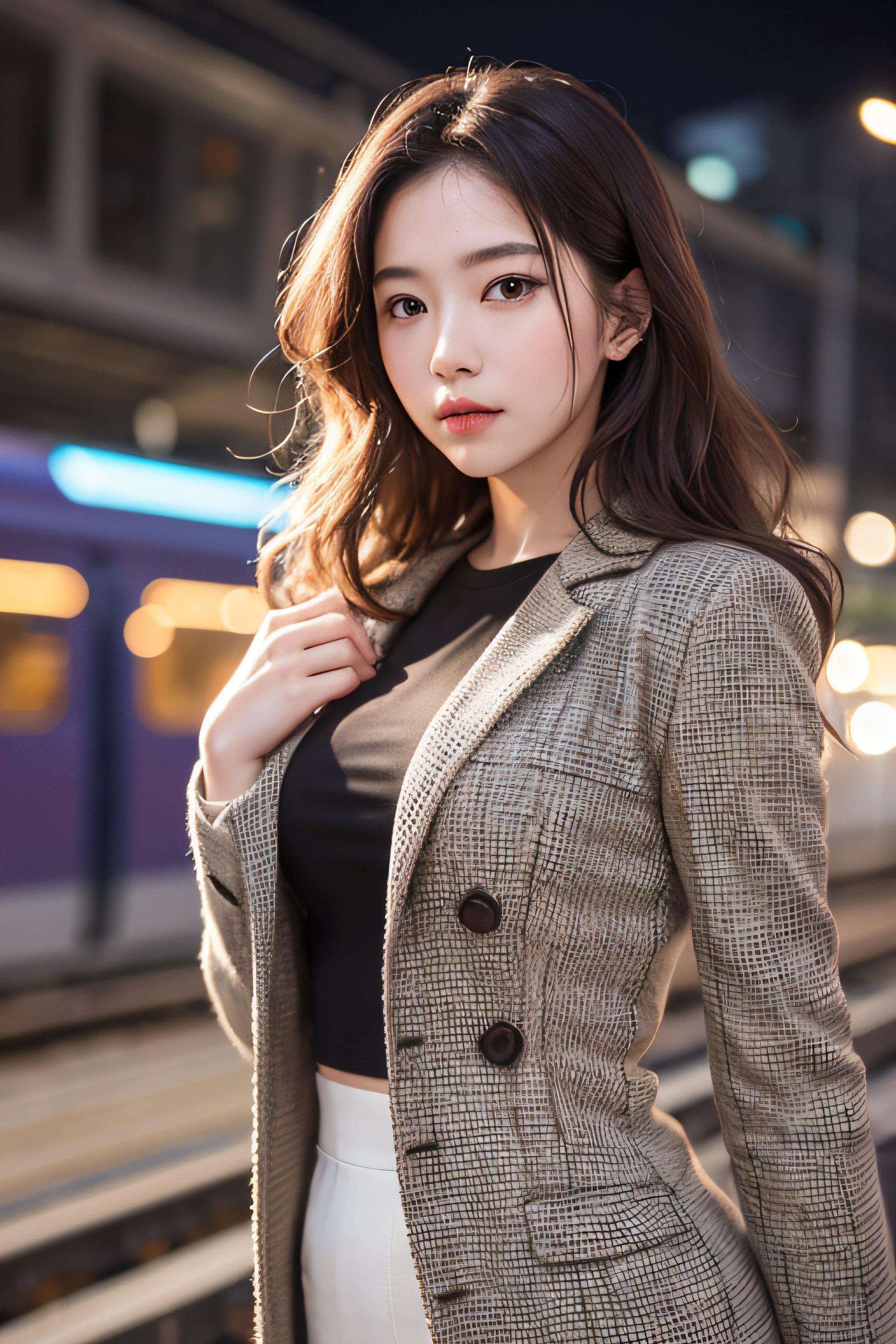 1womanl、Early 20s、(Strong-willed super beauty)、(ultra beautiful faces)、Wearing makeup、Wavy brown hair、Standing on the station platform in the big city at night、Background is a stationary train、Shallow depth of field