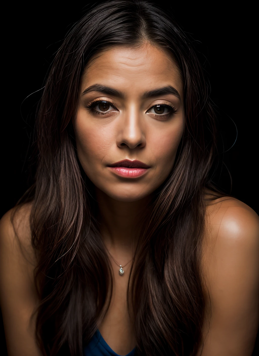 Retrato de Skswoman, Hopeful , nua, com cabelos escuros soltos , Background Dungeon Epic (fotografia, studio lighting, luz dura, Sony A7, 50 millimeters, pele fosca, Poros, Cores, hiperdetalhado, hiper-realista),