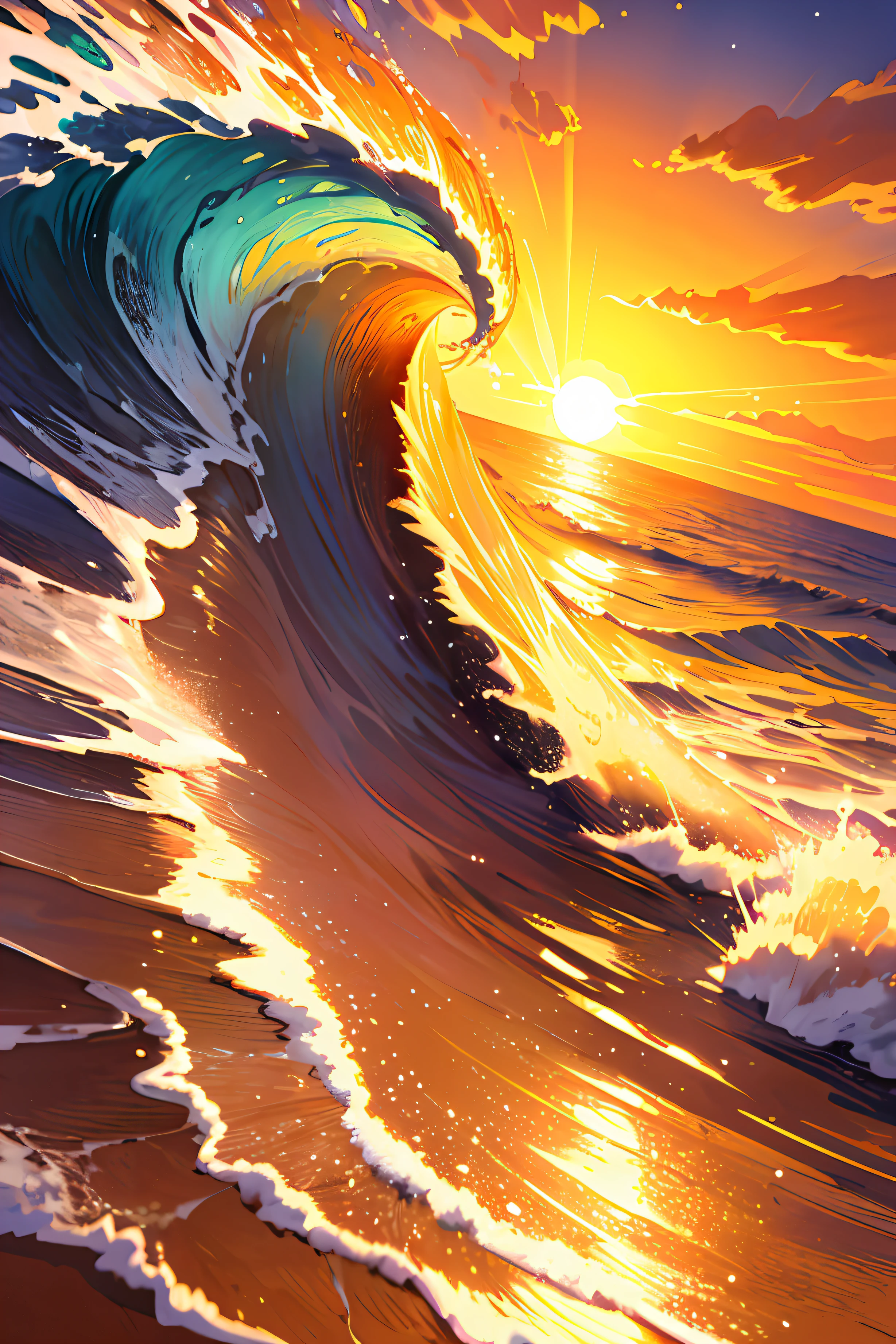 Masterpiece, best quality, (8k very detailed CG unit wallpaper) (best quality), (best illustration), (best shadows) a golden sea wave, bright orange aol sunset through the wave, golden droplets flying, (:1.6)