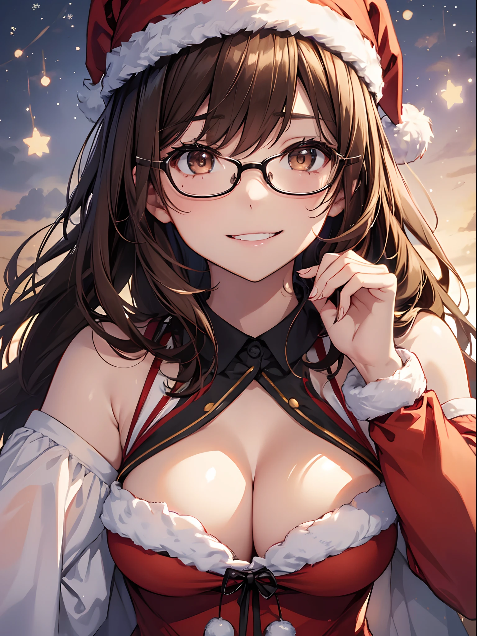 1人の女性、brown haired(Curta)、Brown eyes、Black-rimmed glasses、Best Quality、ultra-detailliert、8K resolution、Raw photo、masutepiece、seductive boobs、gorgeous faces、Perfect body、a smile、santa claus