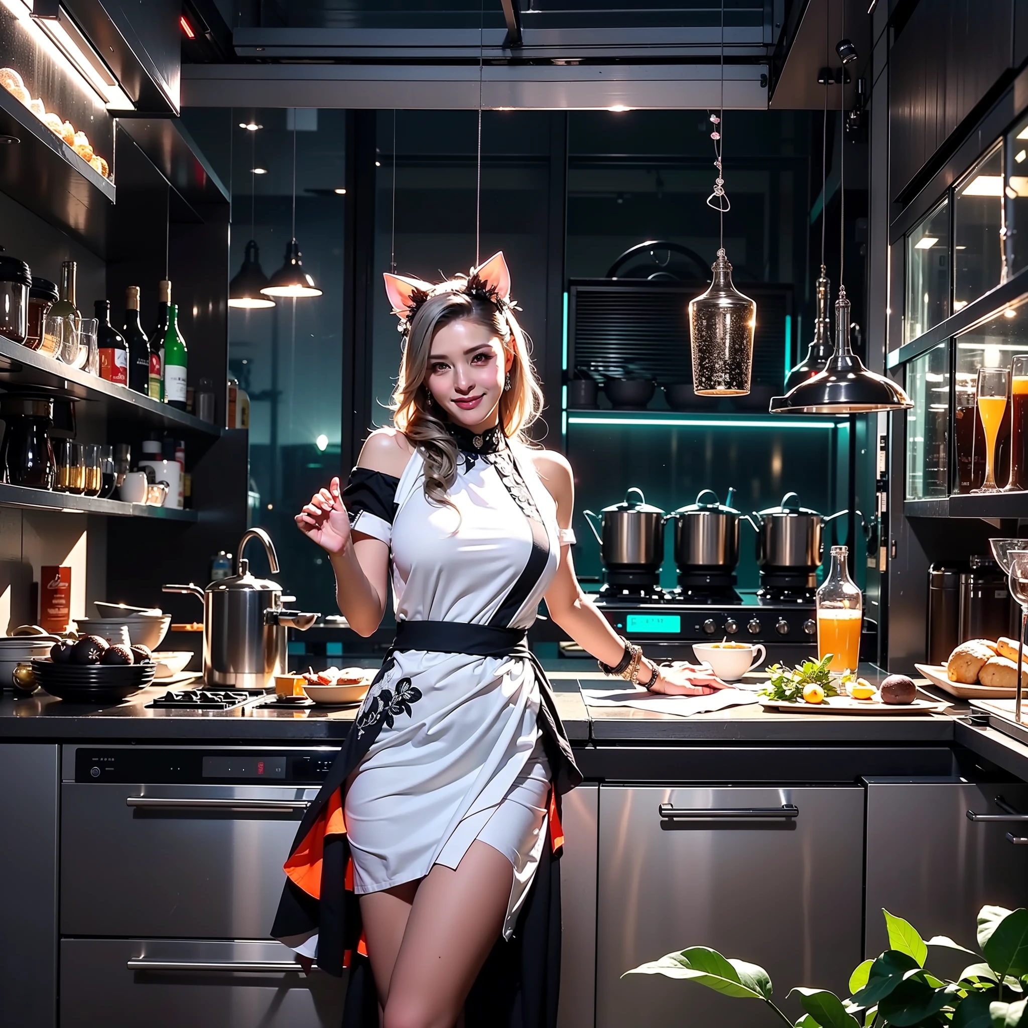 (Best quality, Masterpiece, Ultra-high resolution full screen:1.37), Night Room, Cool color scheme for large open kitchen with coffee and wine, coffee machines, Coffee lockers, Green neon color scheme, Silver hair, Costume of a black chef, Cat ears, Orange and black matching outfits, Professional maid, Cafe beauty, Cyberpunk background, Rich background, Side, Smile, Various carefree poses, Perfect makeup, Love eyes, 8K quality, Cyberpunk, sense of science and technology, Character backlighting, Edge light, Movement changes, Flowing hair, Hair is scattered, Finger numbering collation, The most beautiful girl in mankind, Wear a maid headdress, Luminous accessories, Luminous earrings, Wear delicate accessories, Delicate close-up of the face, Realistic image quality, Super light and shadow, the body is very good, Meticulous, Cooking in the house in the evening, the body is very good, Sexy, luminous, Cool, Very stylish open kitchen, Kitchen in the evening, Lei Huili, Rich in ingredients, Happy smile,