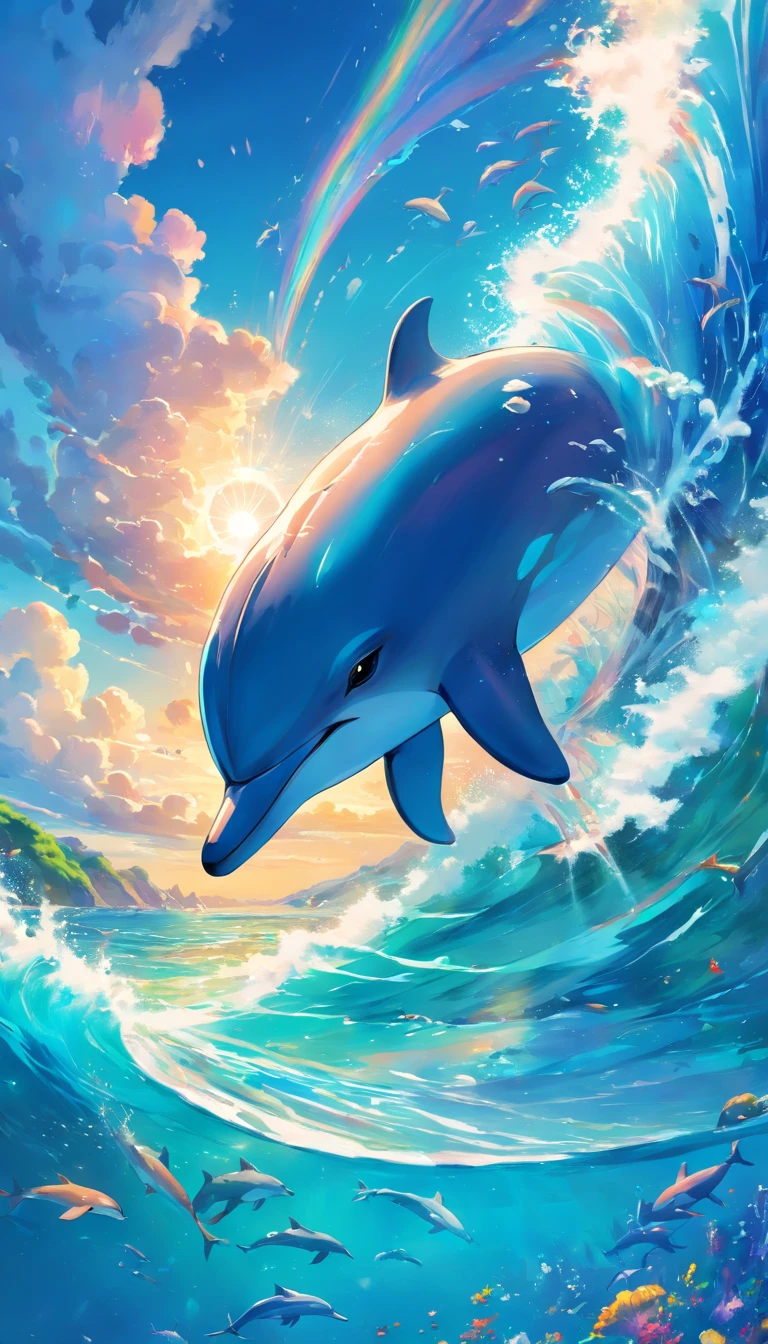 Painting of dolphins swimming in colorful ocean, Look up at the composition, Jellyfish and whales in the sky, Inspired by Cyril Rolando, A beautiful artwork illustration, author：Shitao, colorful concept art, Makoto Shinkai Cyrillo Rolando, In the style of Cyril Rolando, flying whale, Highly detailed watercolor 8K, highly detailed water colour 8 k，octane，the end，Realistic，8K，Estilo de Makoto Shinkai( reasonable design, 清晰的线条, High- sharpness,Best quality, Very detailed, Master parts, movie light effect, 4K )