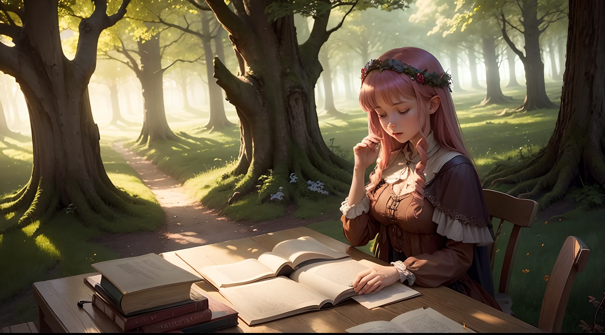 Generate an image of Seraphina's secret visits to the Whispering Oak, singing songs of gratitude to Elowen, the guardian spirit of the glen.