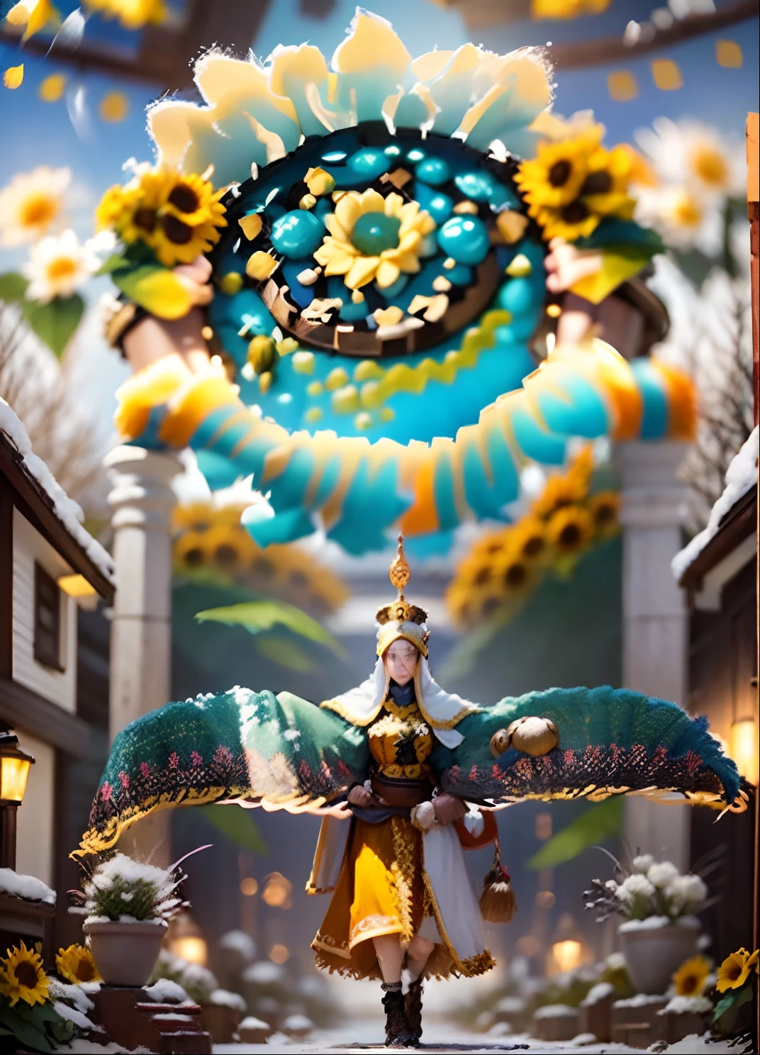 In a very grand scene，The extra-large wide-angle lens captures the appearance of a female centaur。She is a Sunflower Worship nun，Always opposed（Healing smiley face of knitted sunflower puppet😊：99.99）DOA。She is tall，It has the ultimate curvy beauty，The muscles are slender and firm，Beautiful lines。She has（Super huge sky blue eyes：99.99）、always（Wearing sexy glasses：6.66）、（She wears solemn nun attire：9.9）、Stepping on a boot-style skyscraper-heel、A pink cross hangs on his chest。Use Midjourney's advanced tools，Designed for female centaurs（A knitted sunflower puppet and create a super healing cartoon smiley face in the center of the flower tray as a decoration：9.9），and noble and solemn nun costumes，and highlight her unique physiological characteristics and appearance details，Add realism。And in the context of her prayers and listening to confessions，Spectacular views of nature，Such as the sky where storms and sunny days alternate、Brilliant rivers of stars and auroras、The snow-capped summit of Mount Everest、Fireworks in the mountain town, etc。ao mesmo tempo，Away from the hustle and bustle next to the chapel，Create a fantastic scene。Use Midjourney's advanced tools and multiple color palettes、Brush Strokes、Texture tools and model packages，It shows a sense of atmosphere where beauty and charm coexist。The charm of the female centaur is highlighted through color and lines，Enhance realism with detailing，Create a surreal dreamy feeling。Additionally，Use Midjourney's tools to add various exorcism props and books to the female centaur、pergaminhos，Create intricate hairstyles and outfits，Give her a sense of premium。She never flinches，No matter what monster you encounter，can respond quickly，Even the most extreme armies of natural disasters and monsters could not stop her and her front（Sunflower with Tyndall effect that emits sunlight9.99）。Use Midjourney's powerful tools，You can do it with incredible detail and beauty，Bring this ultra-grand and beautiful scene to life。Ultra-grand scenes，s