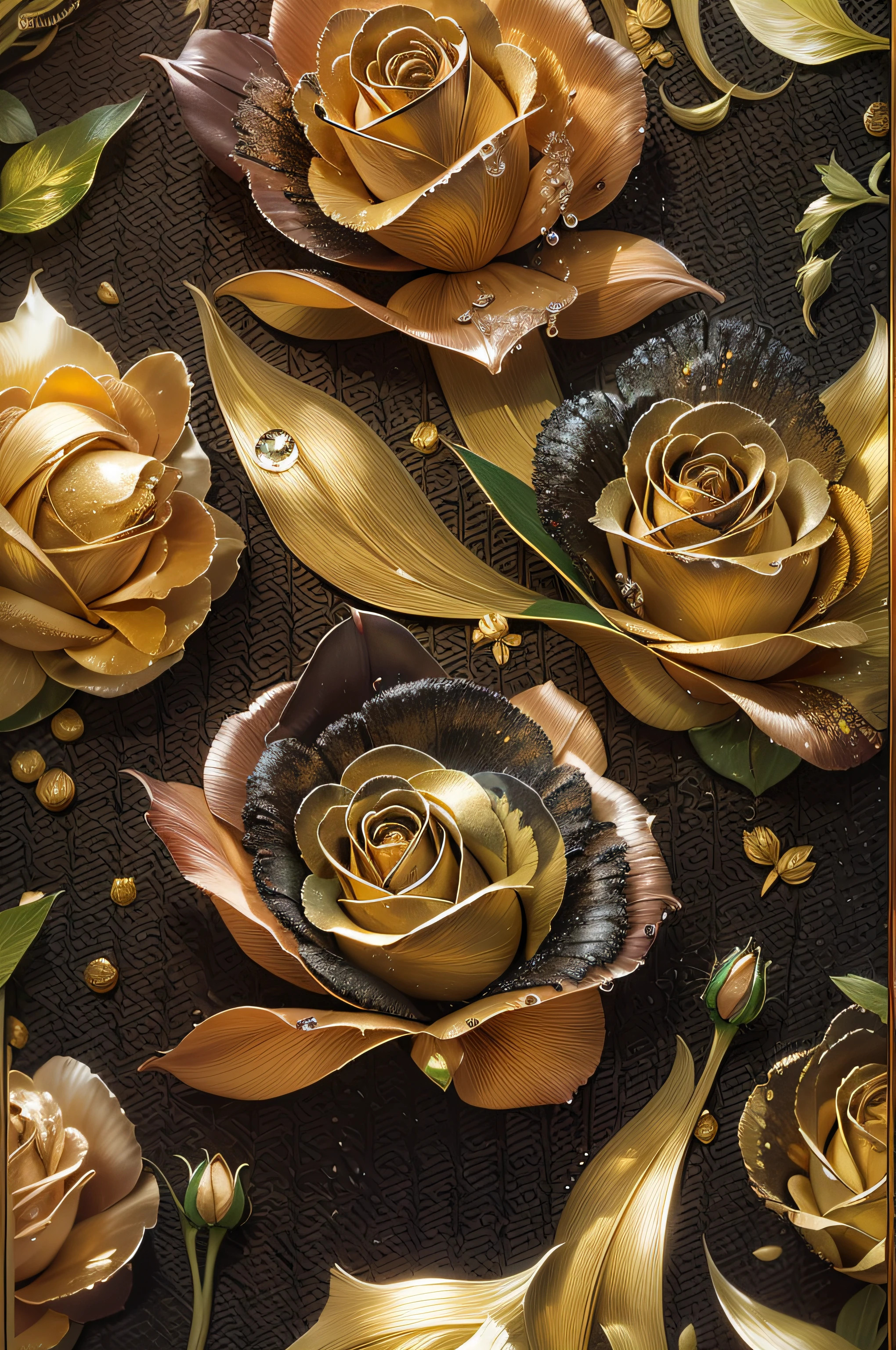 There is a golden rose with a drop of water on it, flores de ouro, preto e dourado cor rica, Cores preto e dourado, preto e dourado, ouro preto, ouro e preto, rosas pretas, flores e ouro, Flores douradas, ouro e metal preto, flores em flocos de ouro, esquema de cores dourado e preto, ouro realista, ouro negro, Rosa Negra