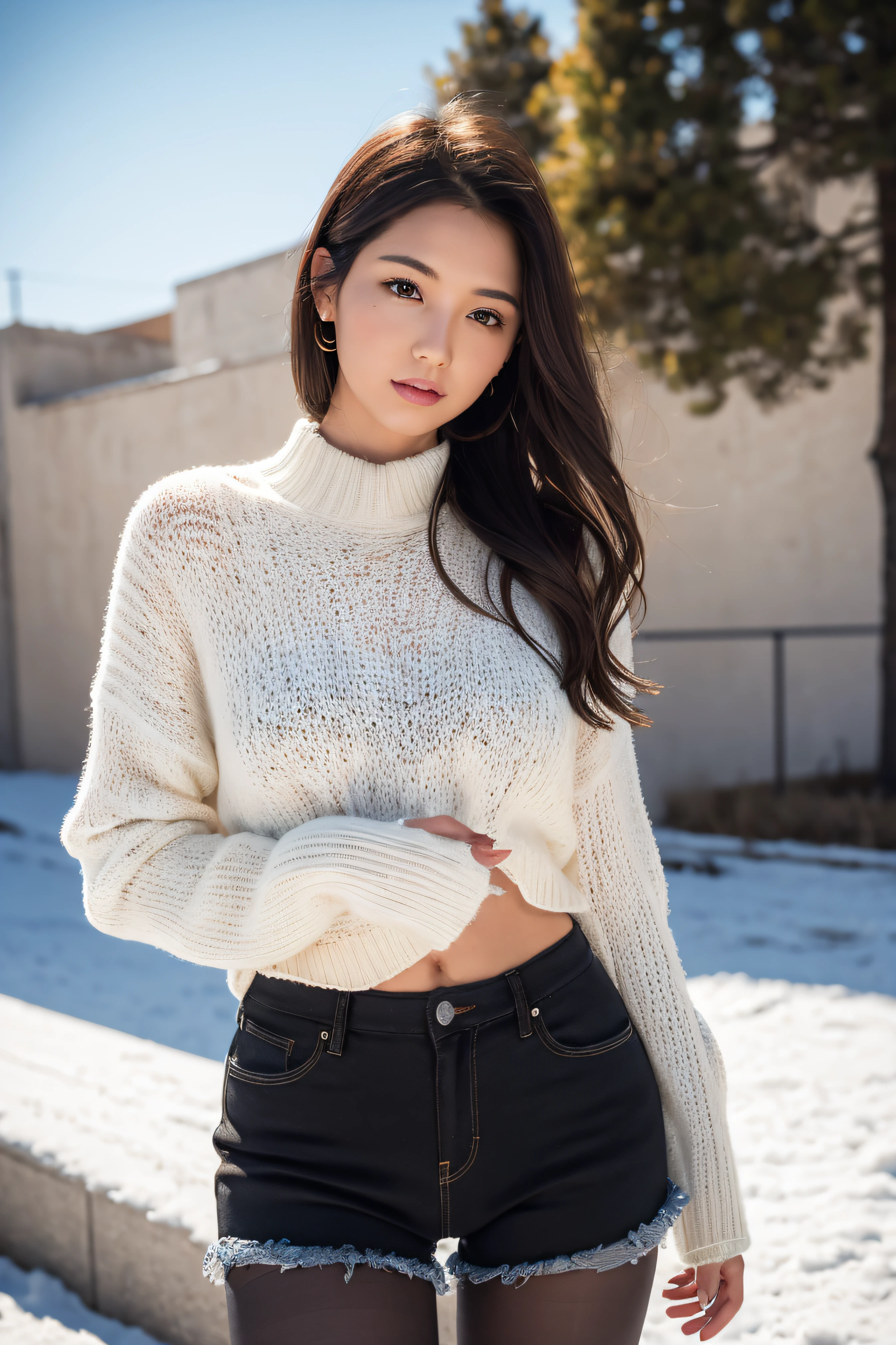 (RAW photo) Winters,snow landscape,a girl wearing an orange shoulder-length sweater and black shorts,medium breasts, long hair, lacepantyhose, white underwear, Random color,long sweater,depth of fields,Real light,Ray traching,OC renderer,UE5 renderer,Hyper-realistic,best qualtiy,8K,Works of masters,super-fine,Detailed pubic hair,Correct anatomy.