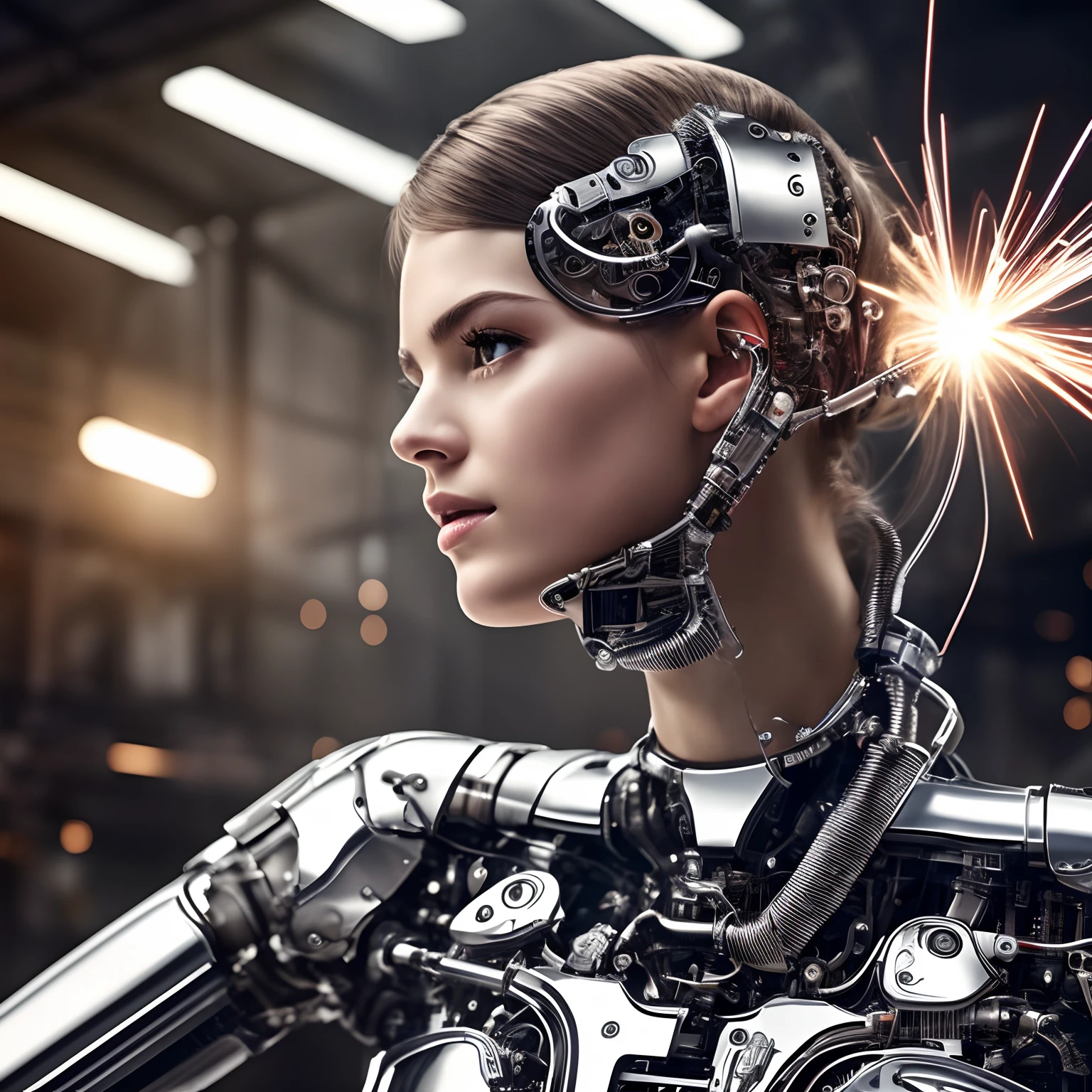 finest image, portrait, detailed and delicate depiction, the face is human and the body is chrome plated mechanical parts sexy beautiful cute android cyborg female is working on replacing her abdominal parts, light silver glossy braided bangs short hair, precise and detailed parts, sparks fly, background, warehouse, repair plant, spark, professional lighting