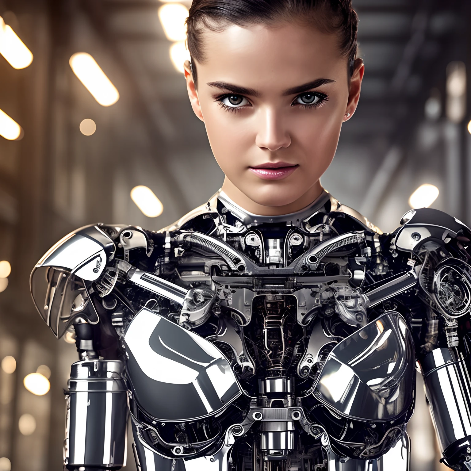 finest image, portrait, detailed and delicate depiction, the face is human and the body is chrome plated mechanical parts sexy beautiful cute android cyborg female is working on replacing her abdominal parts, light silver glossy braided bangs short hair, precise and detailed parts, sparks fly, background, warehouse, repair plant, spark, professional lighting