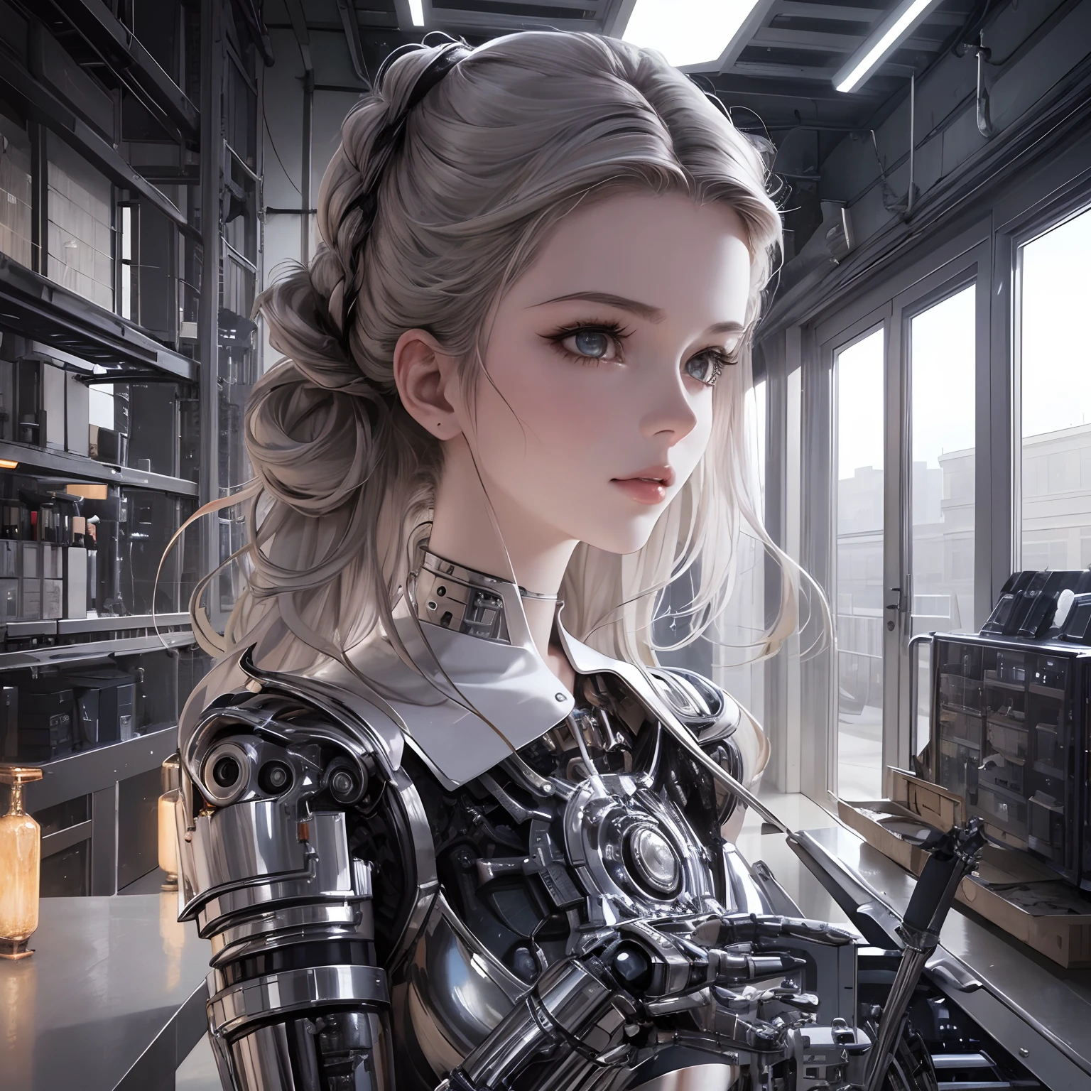 finest image, portrait, detailed and delicate depiction, the face is human and the body is chrome plated mechanical parts sexy beautiful cute android cyborg female is working on replacing her abdominal parts, light silver glossy braided bangs hair, precise and detailed parts, sparks fly, background warehouse, repair plant, spark, professional lighting