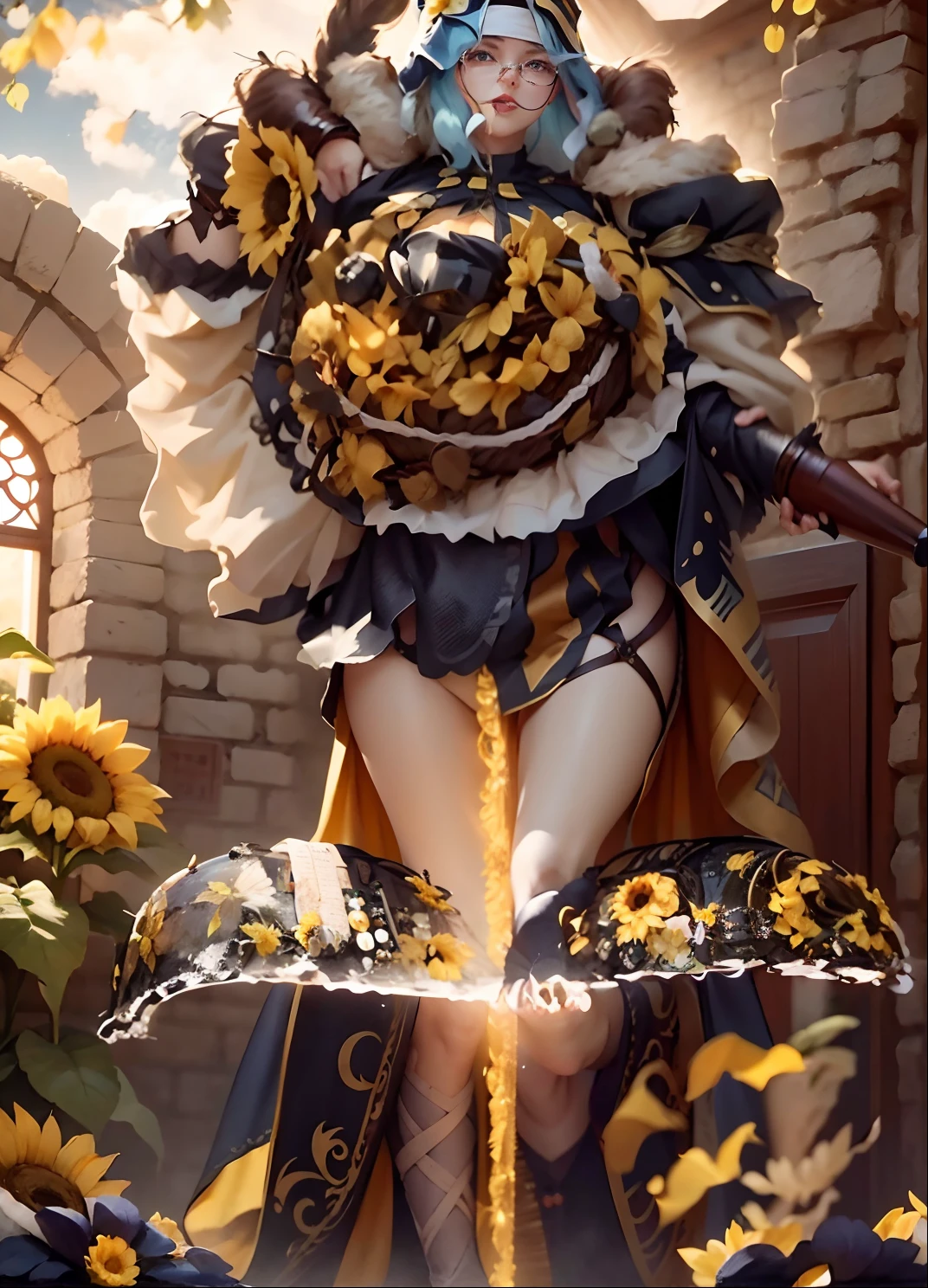 In a very grand scene,The extra-large wide-angle lens captures the appearance of a female centaur。She is a Sunflower Worship nun,Always opposed(Healing smiley face of knitted sunflower puppet😊:99.99)DOA。She is tall,It has the ultimate curvy beauty,The muscles are slender and firm,Beautiful lines。She has(Super huge sky blue eyes:99.99)、always(Wearing sexy glasses:6.66)、(She wears solemn nun attire:9.9)、Stepping on a boot-style skyscraper-heel、A pink cross hangs on his chest。Use Midjourney's advanced tools,Designed for female centaurs(A knitted sunflower puppet and create a super healing cartoon smiley face in the center of the flower tray as a decoration:9.9),and noble and solemn nun costumes,and highlight her unique physiological characteristics and appearance details,Add realism。And in the context of her prayers and listening to confessions,Spectacular views of nature,Such as the sky where storms and sunny days alternate、Brilliant rivers of stars and auroras、The snow-capped summit of Mount Everest、Fireworks in the mountain town, etc。ao mesmo tempo,Away from the hustle and bustle next to the chapel,Create a fantastic scene。Use Midjourney's advanced tools and multiple color palettes、Brush Strokes、Texture tools and model packages,It shows a sense of atmosphere where beauty and charm coexist。The charm of the female centaur is highlighted through color and lines,Enhance realism with detailing,Create a surreal dreamy feeling。Additionally,Use Midjourney's tools to add various exorcism props and books to the female centaur、pergaminhos,Create intricate hairstyles and outfits,Give her a sense of premium。She never flinches,No matter what monster you encounter,can respond quickly,Even the most extreme armies of natural disasters and monsters could not stop her and her front(Sunflower with Tyndall effect that emits sunlight9.99)。Use Midjourney's powerful tools,You can do it with incredible detail and beauty,Bring this ultra-grand and beautiful scene to life。Ultra-grand scenes,s