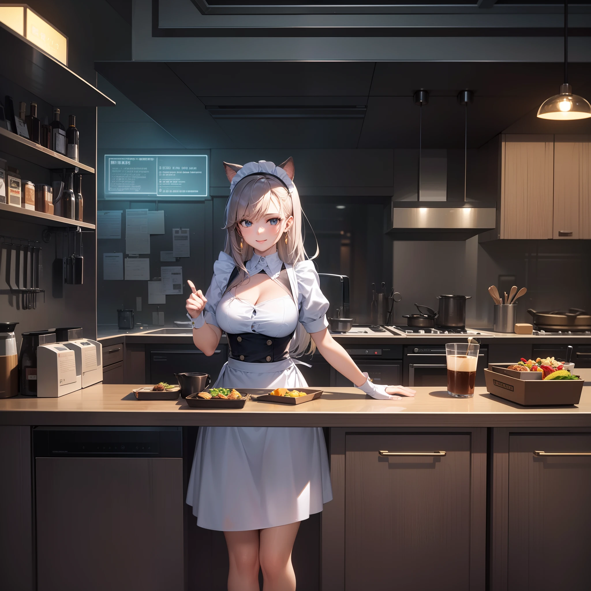 (Best quality, Masterpiece, Ultra-high resolution full screen:1.37), Night Room, Cool color scheme for large open kitchen with coffee and wine, coffee machines, Coffee lockers, Green neon color scheme, Silver hair, Costume of a black chef, Cat ears, Orange and black matching outfits, Professional maid, Cafe beauty, Cyberpunk background, Rich background, Side, Smile, Various carefree poses, Perfect makeup, Love eyes, 8K quality, Cyberpunk, sense of science and technology, Character backlighting, Edge light, Movement changes, Flowing hair, Hair is scattered, Finger numbering collation, The most beautiful girl in mankind, Wear a maid headdress, Luminous accessories, Luminous earrings, Wear delicate accessories, Delicate close-up of the face, Realistic image quality, Super light and shadow, the body is very good, Meticulous, Cooking in the house in the evening, the body is very good, Sexy, luminous, Cool, Very stylish open kitchen, Kitchen in the evening, Lei Huili, Rich in ingredients, Happy smile,