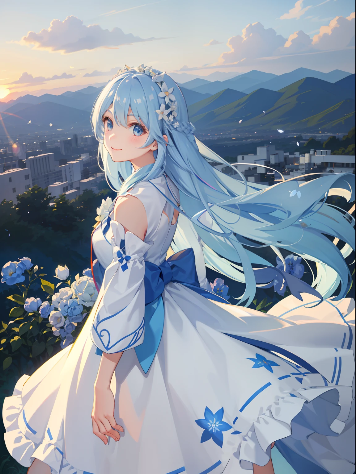1girl in、A charming smile、Light blue long hair、Colorful dress with floral pattern、mont々Stand on a hill where you can see、sunset over mountain、Petals flutter(Some photos)the wind、Face Highlights