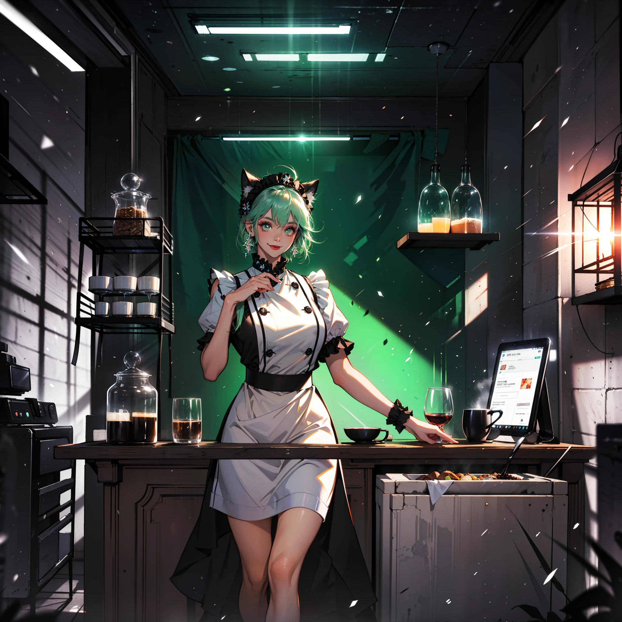 (Best quality, Masterpiece, Ultra-high resolution full screen:1.37), Night Room, Cool color scheme for large open kitchen with coffee and wine, coffee machines, Coffee lockers, Green neon color scheme, Silver hair, Costume of a black chef, Cat ears, Orange and black matching outfits, Professional maid, Cafe beauty, Cyberpunk background, Rich background, Side, Smile, Various carefree poses, Perfect makeup, Love eyes, 8K quality, Cyberpunk, sense of science and technology, Character backlighting, Edge light, Movement changes, Flowing hair, Hair is scattered, Finger numbering collation, The most beautiful girl in mankind, Wear a maid headdress, Luminous accessories, Luminous earrings, Wear delicate accessories, Delicate close-up of the face, Realistic image quality, Super light and shadow, the body is very good, Meticulous, Cooking in the house in the evening, the body is very good, Sexy, luminous, Cool, Very stylish open kitchen, Kitchen in the evening, Lei Huili, Rich in ingredients, Happy smile,