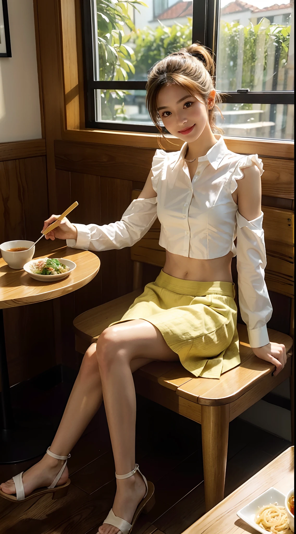 ((Small underboob)), (shoulder length straight short hair: 1.2), （Extremely meticulous CG 8k wallpaper），（Extremely refined and beautiful），（Masterpiece），（best qualtiy：1.0），（Ultra High Resolution：1.0），beautiful light up，Perfect lightning，realistic shaded，[A high resolution]，Smooth and flawless fair skin，Extremely exquisite facial details，（perfect body：1.1），ultra - detailed，A beautiful girl，small head，short ponytail,(Small breasts:1.1)，Flat chests，slim，thin，Smile，cheerfulness，(white collared long sleeved shirt:1.3），（maxi light yellow long skirt:1.1）,(white sandals:1.1)，early autumn,afternoon, Bright and warm light，in a noodle restaurant,Close Shot,Sitting in a chair，Holding fork in right hand，(a large bowl of seafood noodles on the dining table:1.0),A small plate of pickled vegetables，A cup of barley tea