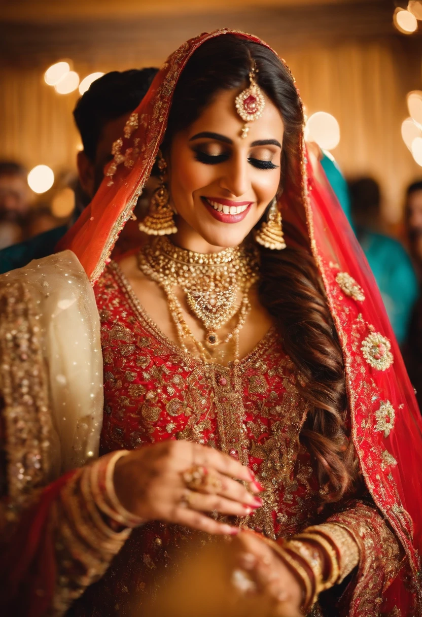 Pakistani girl wearing a traditional Pakistani wedding dress, dancing with joy at her wedding in Pakistan.