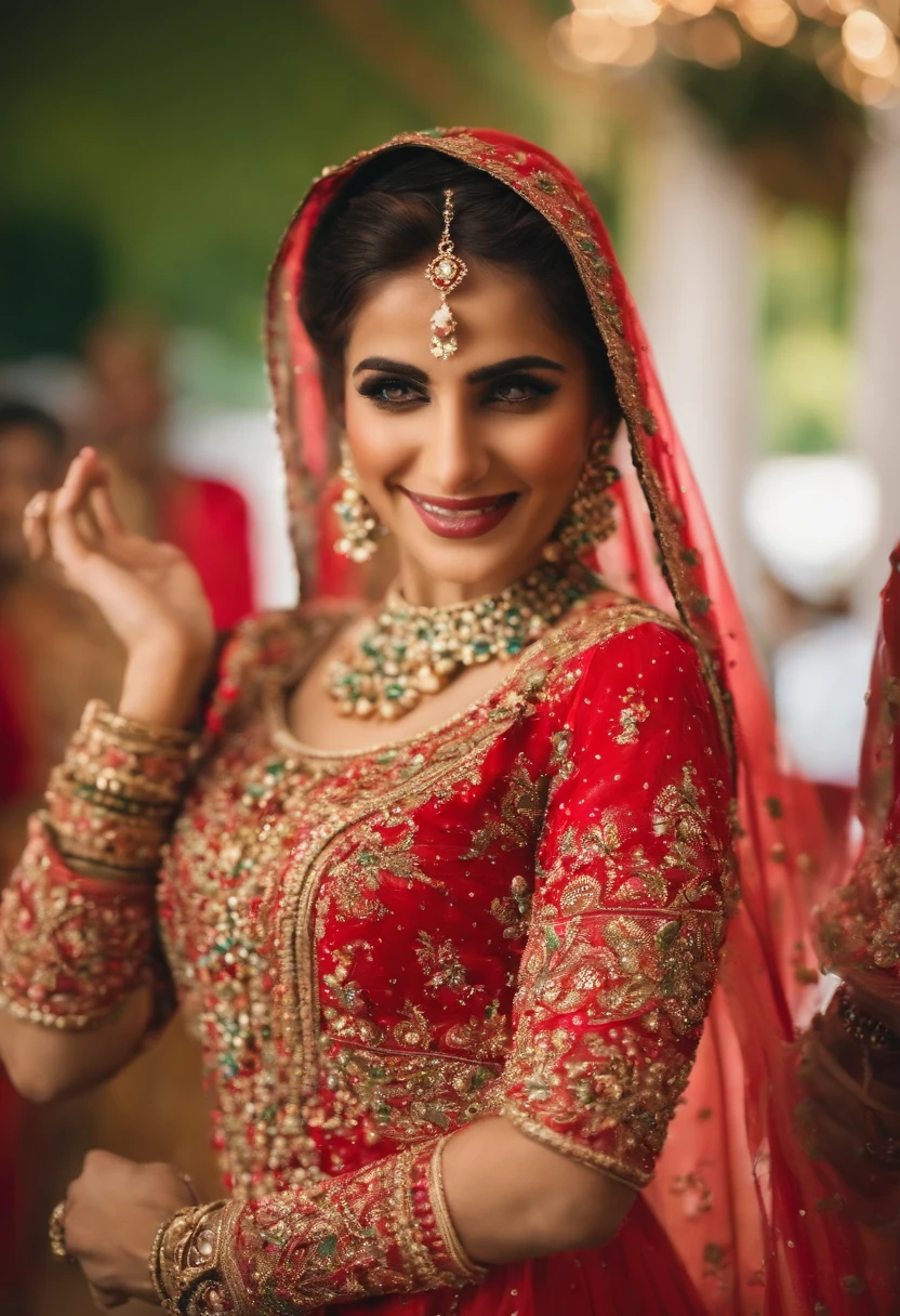 Pakistani girl wearing a traditional Pakistani wedding dress, dancing with joy at her wedding in Pakistan.
