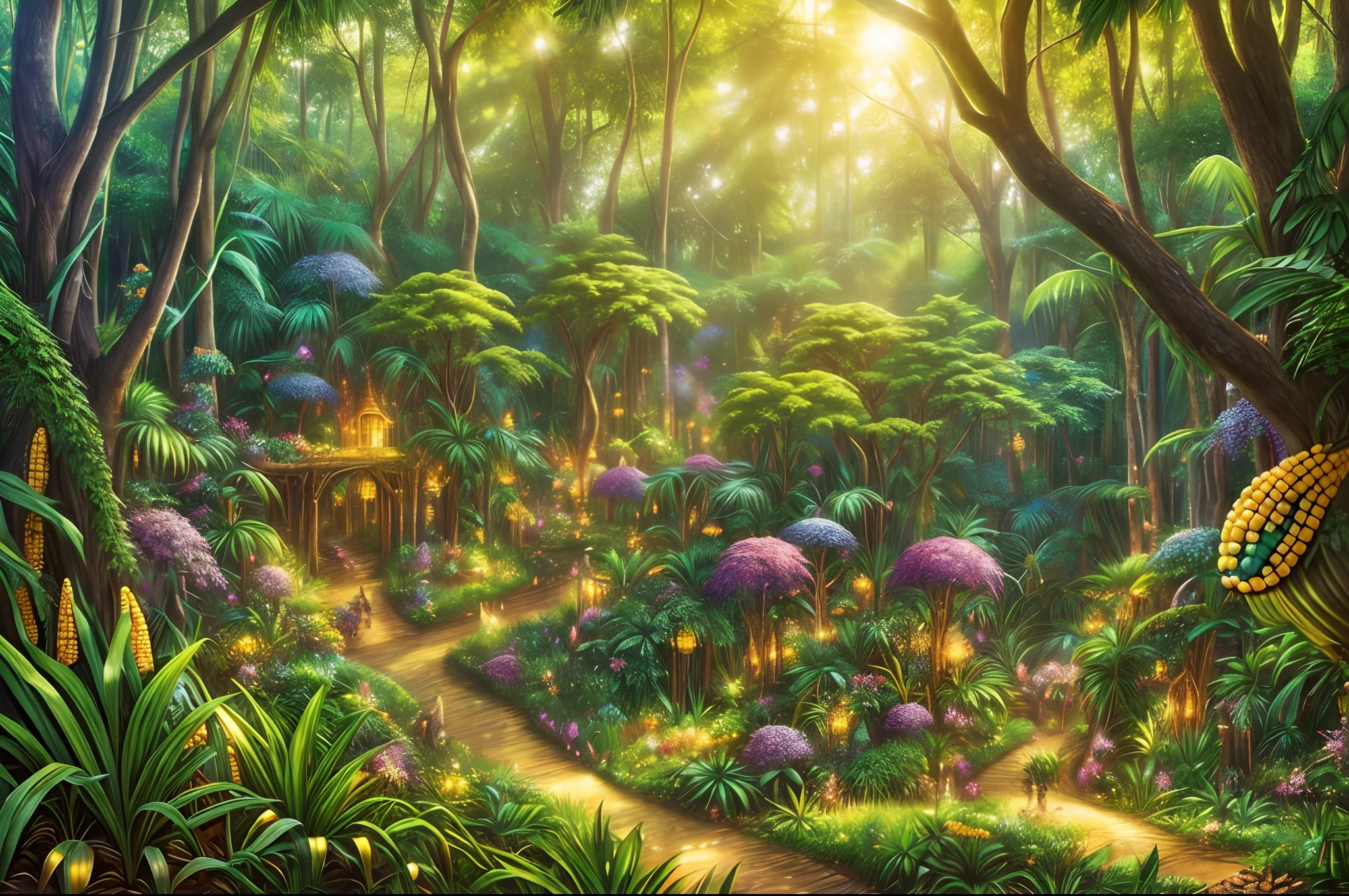 Magic jungle full of ((magical corn creatures)) running between the dense trees, or columping in vines, happy palette of colours, dreamy, intrincate, highly detailed. Light filtering through the trees.