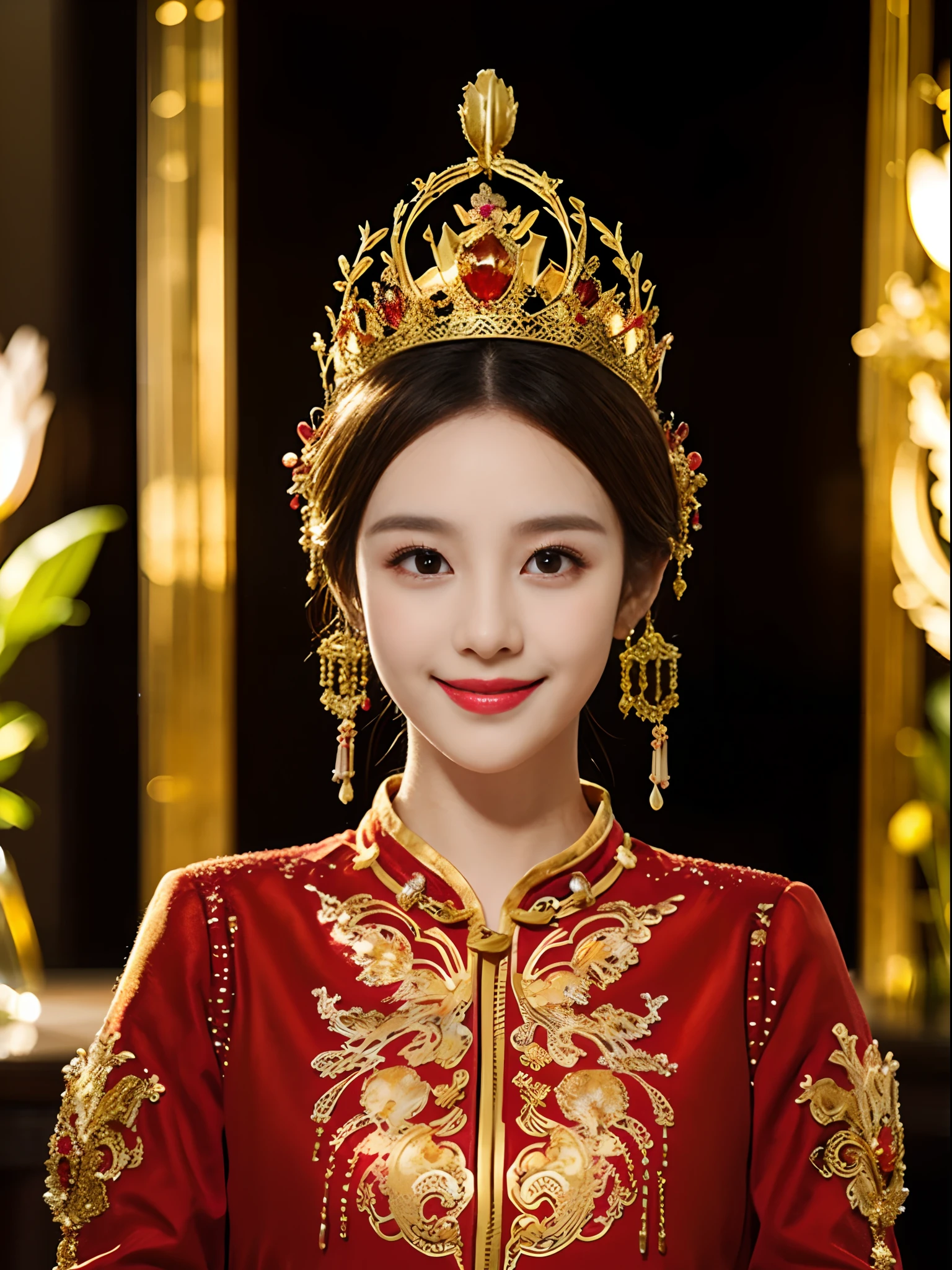 Best quality, masterpiece, 8k,detail, intricate detail, realistic cinematic lighting, (fantasy art: 1.6), (seiza: 1.1), (front: 1.2), upright, royal, majestic, queen, (huge and golden throne: 1.4), crown, close-up front, solemn, throne, upright posture, seriousness, dignity, gaze ahead, contemplation, jewelry, solo, divine ray, 2 girls, gold and red dress, golden palace,Small head, small face, slim, thin, shoulder length black straight short hair, small breasts, flat chest, smile, happy