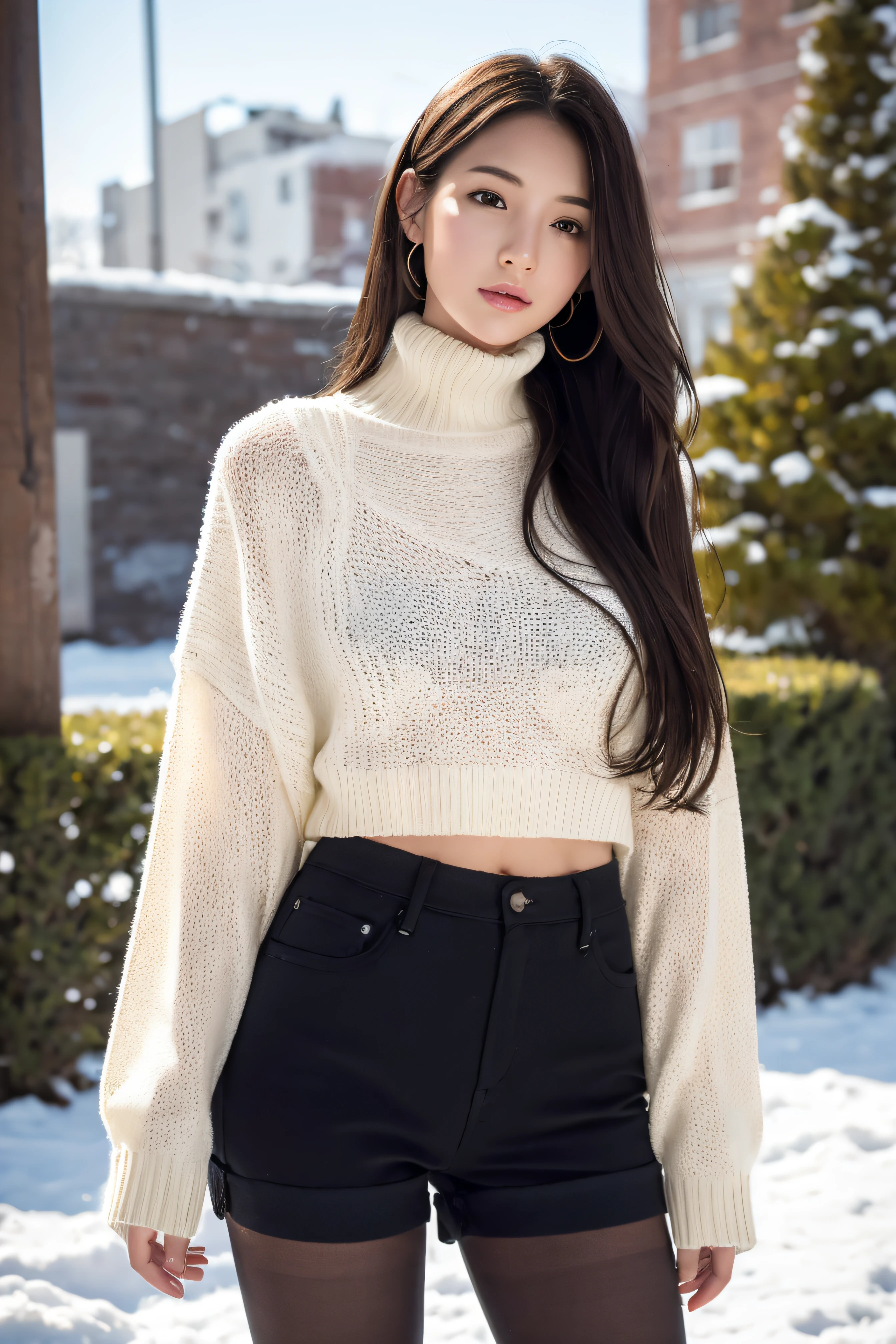 (RAW photo) Winters,snow landscape,a girl wearing an orange shoulder-length sweater and black shorts,medium breasts, long hair, lacepantyhose, white underwear, Random color,long sweater,depth of fields,Real light,Ray traching,OC renderer,UE5 renderer,Hyper-realistic,best qualtiy,8K,Works of masters,super-fine,Detailed pubic hair,Correct anatomy.