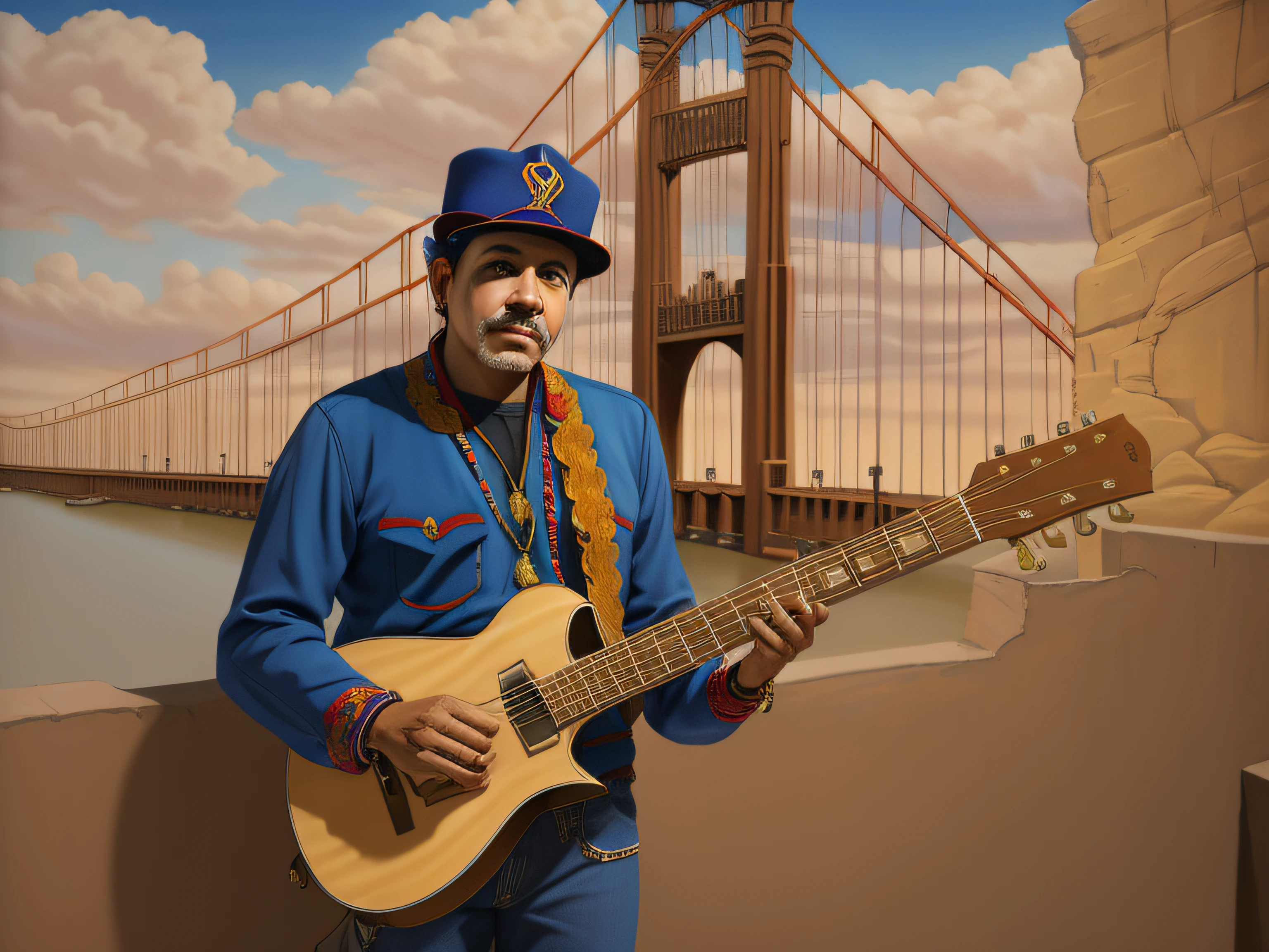 painting of a man Carlos Santana with a guitar in front of a bridge, artwork of pedro bell, portrait of Carlos Santana, by William Berra, musician, artist interpretation, added detail, by David B. Mattingly, detailed portrait shot, by Dave Arredondo, by Jaime Frias, 1 / 4 portrait, inspired by Robert Ballagh