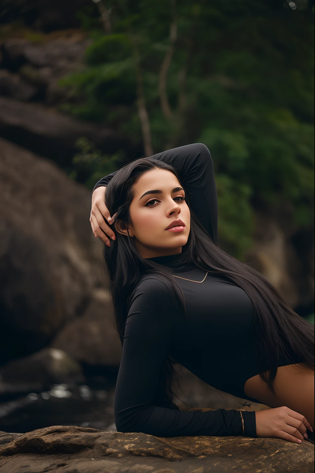 Arafed woman on black top lying on rock near water, female with long black hair, mulher nova com cabelo escuro longo, Malika Favre, foto de uma mulher bonita, Retrato no meio da foto, long curvy black hair, cabelos pretos longos, mulher com cabelo preto, Retrato tirado 8 K, flowy hair standing on a rock, Parece Fabiula Nascimento