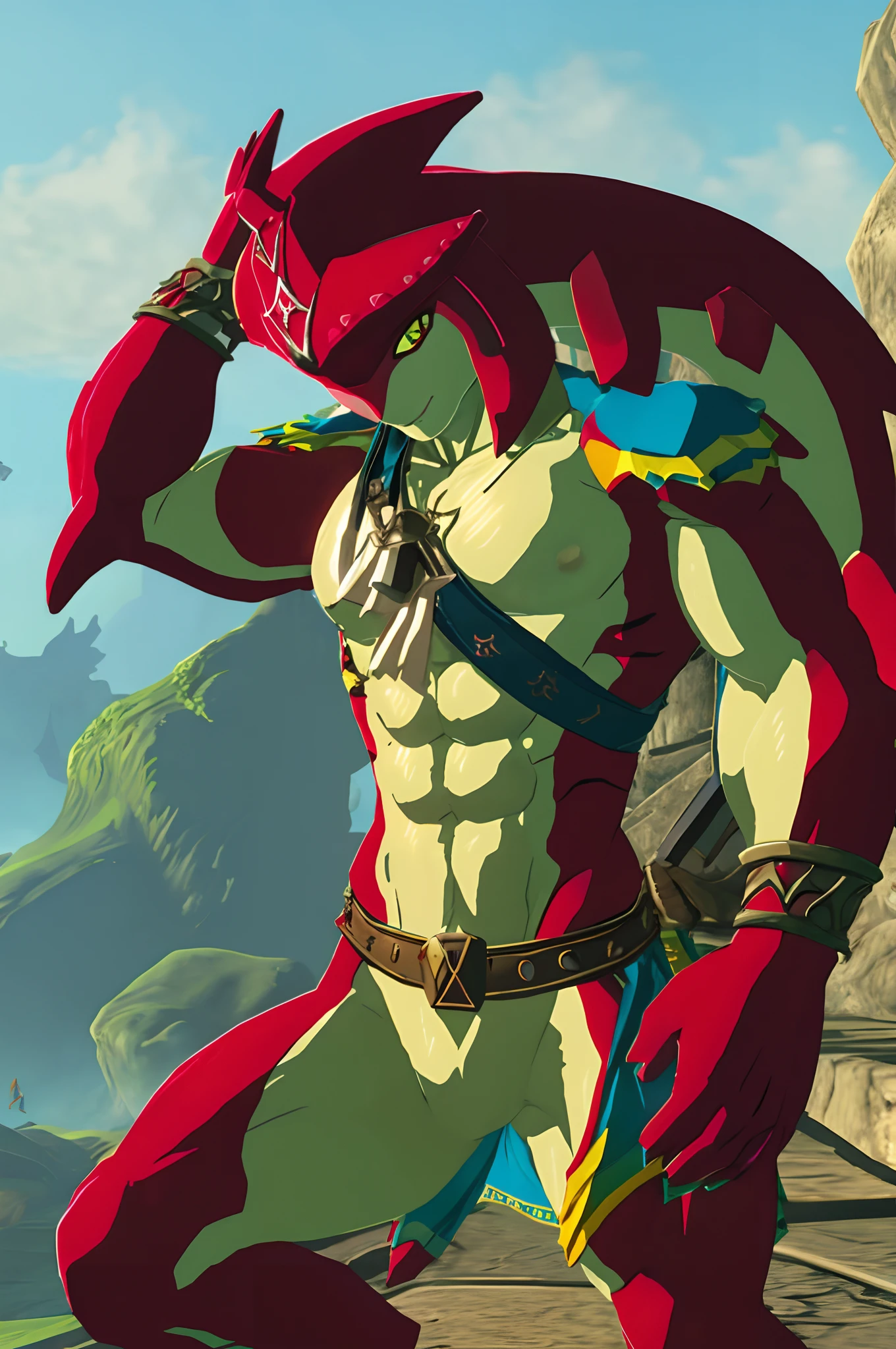 The Legend of Zelda, Link, anthro dolphin, zora link, masculine body, Muscular body, Imposing body, Imposing appearance, muscular arms, muscular legs, only body, trapezoid torso, sturdy body, muscular body, defined round and fleshy pecs, defined washboard ABS, defined arms, defined legs, dynamic pose