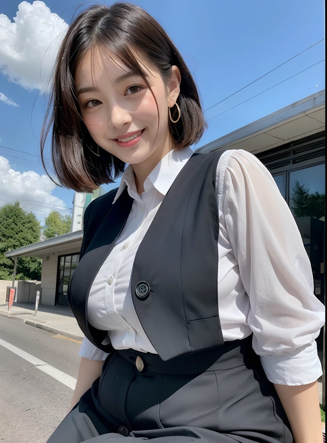 (8K, top-quality, masterpiece:1.2), (realisitic, Photorealsitic:1.37), ultra-detailliert, busty girl, (Huge breasts), (buttonGap), (Big ass),(thick thight:1.3),(Plump body:1.4), full body Esbian, outside of house, (Adjusted hair:1.5) Officelady, Black Office Blazer, Office Skirt, (panthyhose: 1.2)、(Short button-down shirt:1.2)、Button Up Color Prim、Button Down Color Prim、bura、(panthyhose:1.2)、Alpha Layer、high-heels、earring beautiful、cute little、独奏、Beautiful detailed sky、(A smile:1.15)、(Mouth closed)、large full breasts、Eyes in Beautiful Details、Business attire、(short-hair:1.2)、Floating Hair NovaFrogStyle、