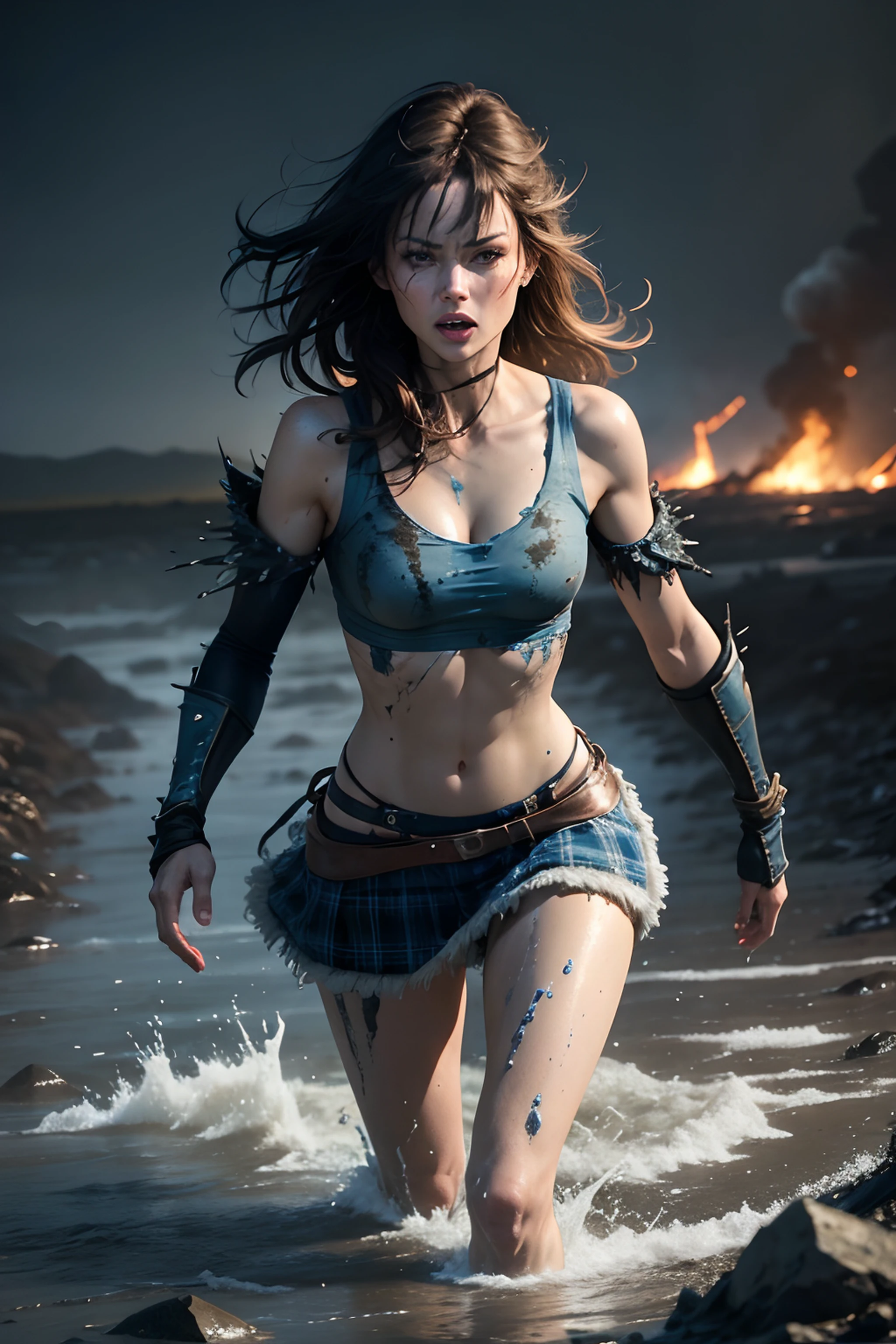Olga Kurylenko, blue painted skin, wild-looking, crazed expression, spiked hair, shoulder pad, wearing ragged kilt, wading through knee deep mud at night, explosions behind, meteorites, smoke