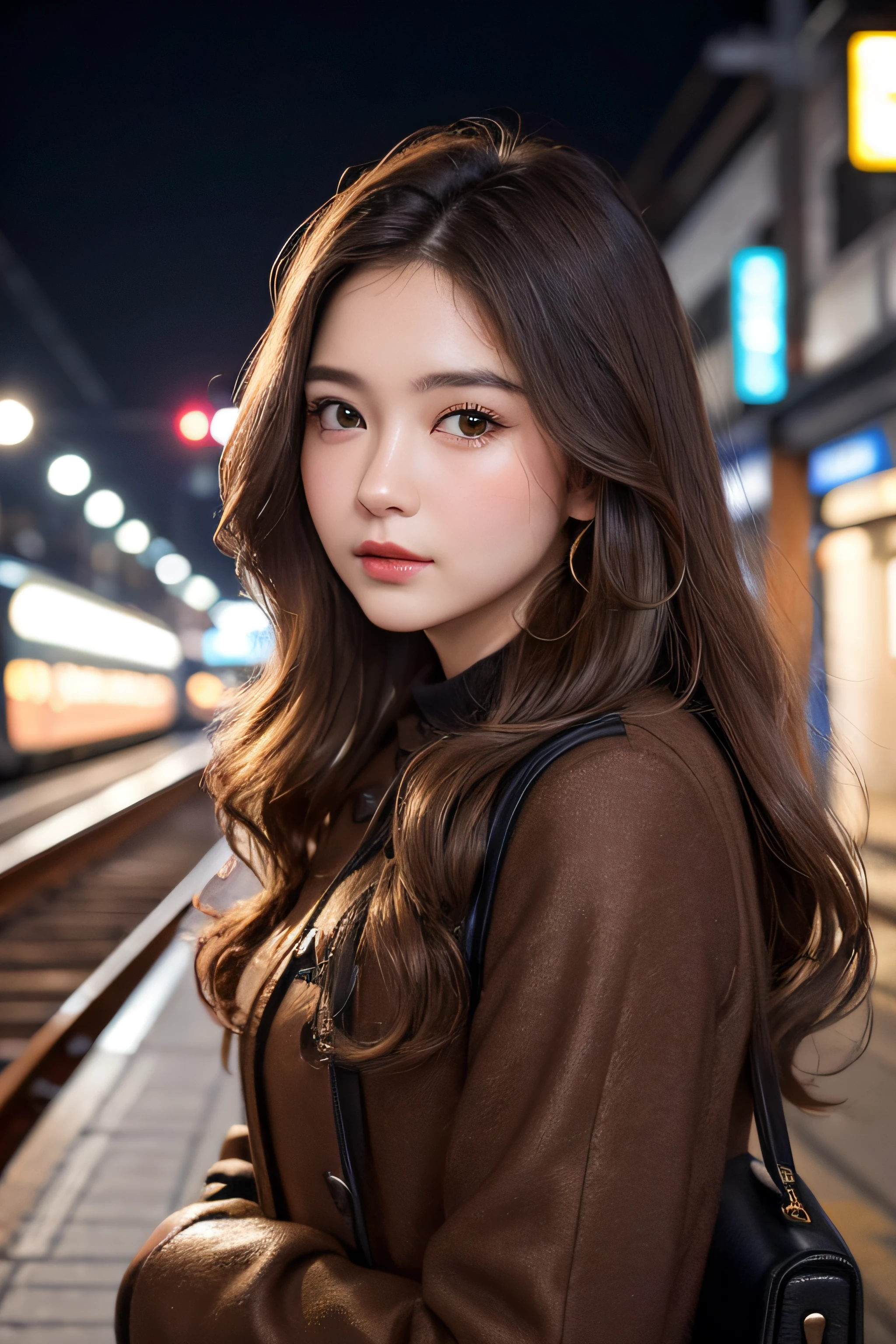 1womanl、Early 20s、(Strong-willed super beauty)、(ultra beautiful faces)、Wearing makeup、Wavy brown hair、Standing on the station platform in the big city at night、Background is a stationary train、Shallow depth of field