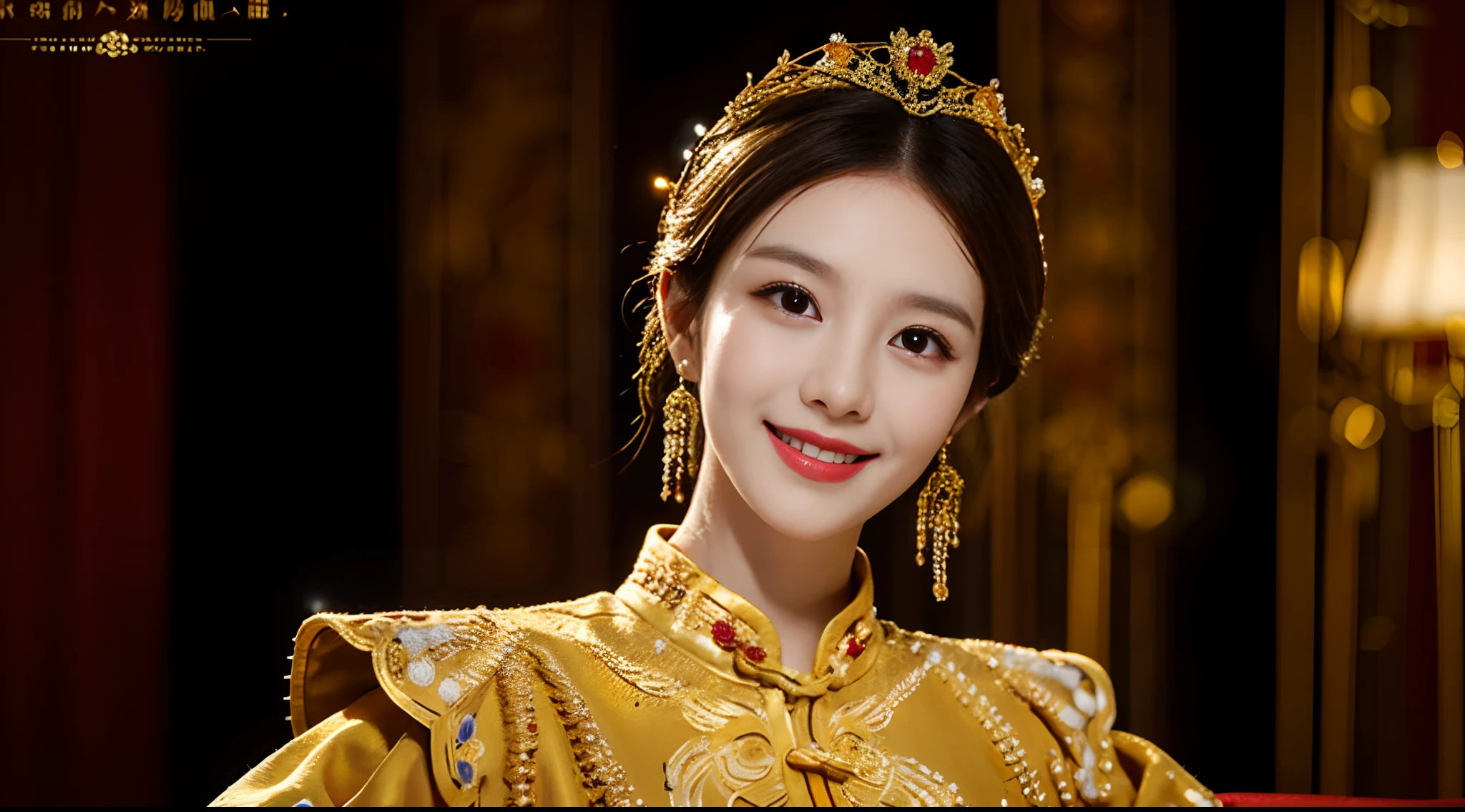 Best quality, masterpiece, 8k,detail, intricate detail, realistic cinematic lighting, (fantasy art: 1.6), (seiza: 1.1), (front: 1.2), upright, royal, majestic, queen, (huge and golden throne: 1.4), crown, close-up front, solemn, throne, upright posture, seriousness, dignity, gaze ahead, contemplation, jewelry, solo, divine ray, 2 girls, gold and red dress, golden palace,Small head, small face, slim, thin, shoulder length black straight short hair, small breasts, flat chest, smile, happy