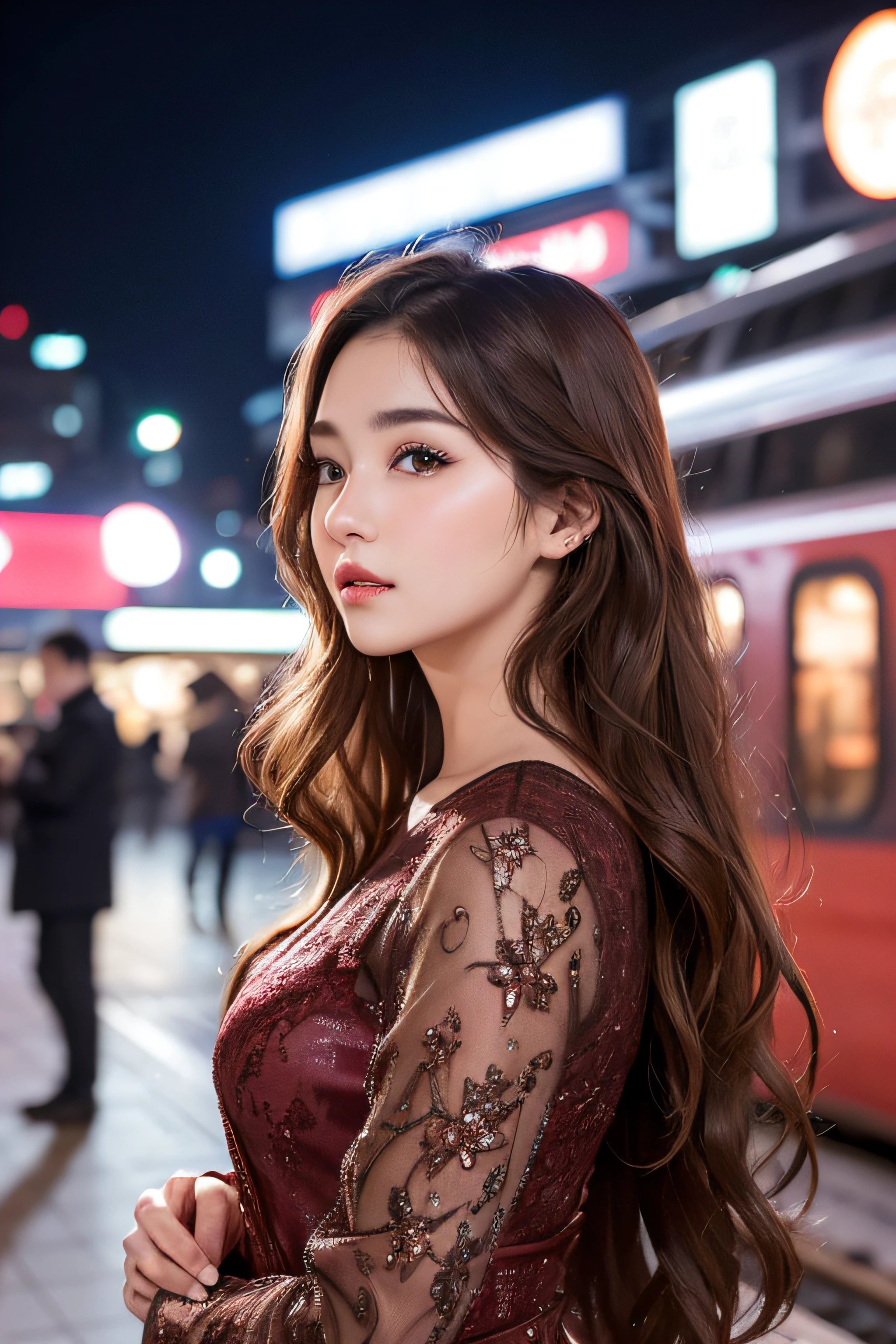 1womanl、Early 20s、(Strong-willed super beautiful woman)、(ultra beautiful faces)、Wearing makeup、Wavy brown hair、Standing on the station platform in the big city at night、Background is a stationary train、Shallow depth of field