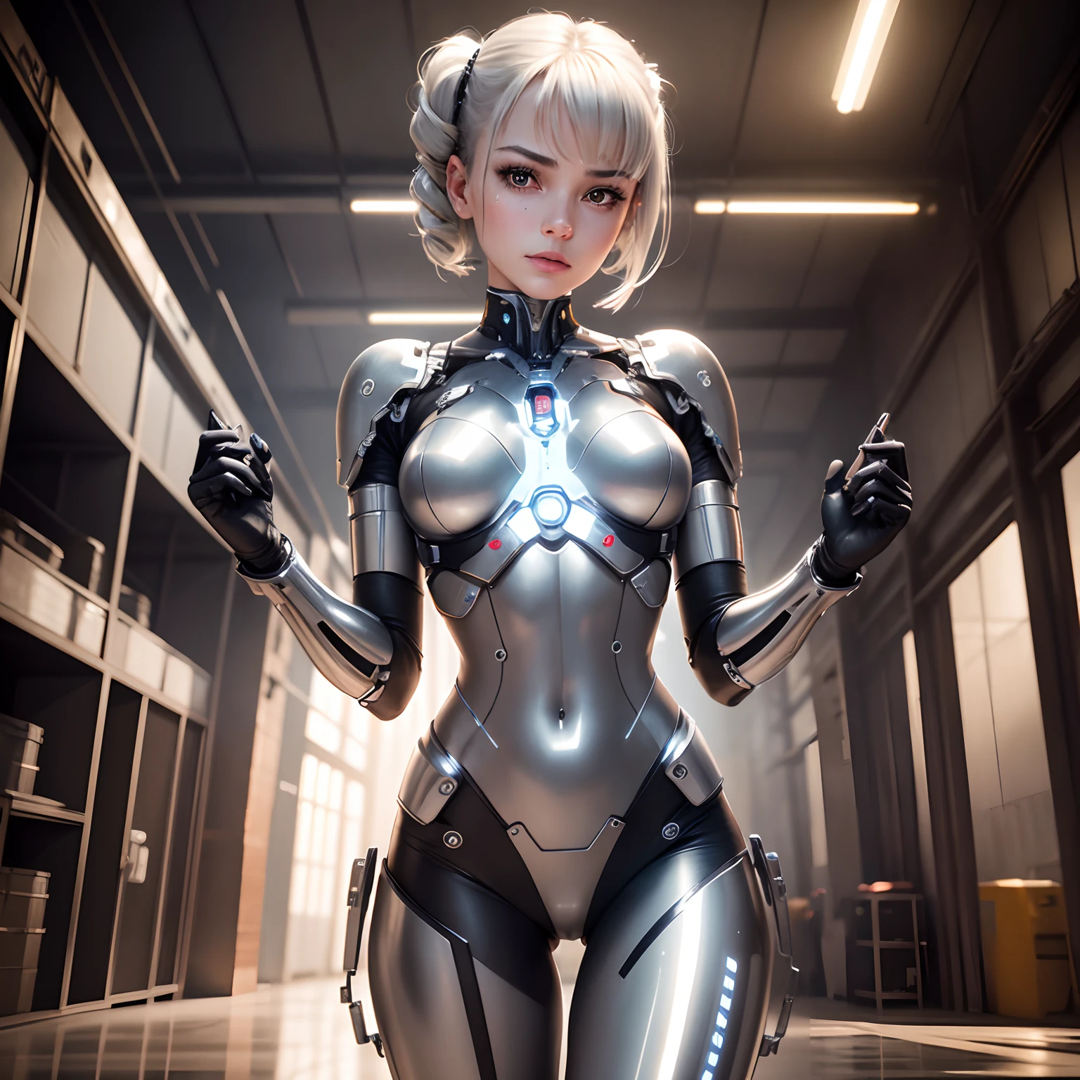 Beautiful Face,face is Japan, 1 Woman, Big, Curvaceous, (16k, RAW photo, top quality, masterpiece: 1.2), (HDR, Realistic, Photorealistic: 1.37) (tube attached to the body), (Bikini Cyborg robot parts)))), (light gray hair), Long hair, Wavy hair, Twin tails, Medium shot, ( Seductive smile)), (black eyes), princess cut,from below,(whole body),posing,,in the lab,( tube connected to blood vessel),((mechanical vertebrae attached to the back)),((mechanical neck attached to the neck)),(wire cable attached to the head and body),(character focus),science fiction,perfect female figure,perfect anatomy,ultraanatomy, Full body shot, up to 4 fingers and 1 thumb relationship,