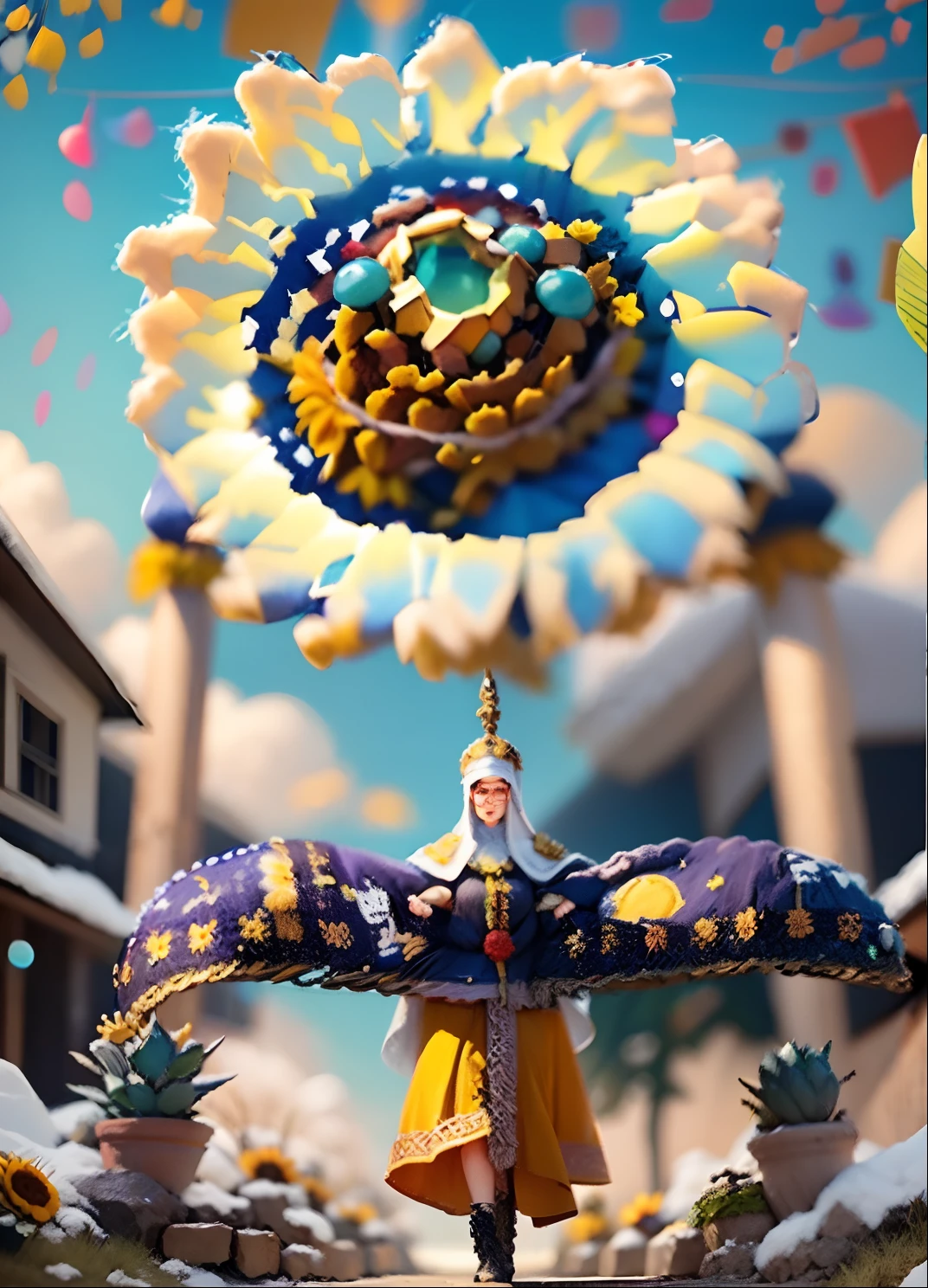 In a very grand scene,The extra-large wide-angle lens captures the appearance of a female centaur。She is a Sunflower Worship nun,Always opposed(Healing smiley face of knitted sunflower puppet😊:99.99)DOA。She is tall,It has the ultimate curvy beauty,The muscles are slender and firm,Beautiful lines。She has(Super huge sky blue eyes:99.99)、always(Wearing sexy glasses:6.66)、(She wears solemn nun attire:9.9)、Stepping on a boot-style skyscraper-heel、A pink cross hangs on his chest。Use Midjourney's advanced tools,Designed for female centaurs(A knitted sunflower puppet and create a super healing cartoon smiley face in the center of the flower tray as a decoration:9.9),and noble and solemn nun costumes,and highlight her unique physiological characteristics and appearance details,Add realism。And in the context of her prayers and listening to confessions,Spectacular views of nature,Such as the sky where storms and sunny days alternate、Brilliant rivers of stars and auroras、The snow-capped summit of Mount Everest、Fireworks in the mountain town, etc。ao mesmo tempo,Away from the hustle and bustle next to the chapel,Create a fantastic scene。Use Midjourney's advanced tools and multiple color palettes、Brush Strokes、Texture tools and model packages,It shows a sense of atmosphere where beauty and charm coexist。The charm of the female centaur is highlighted through color and lines,Enhance realism with detailing,Create a surreal dreamy feeling。Additionally,Use Midjourney's tools to add various exorcism props and books to the female centaur、pergaminhos,Create intricate hairstyles and outfits,Give her a sense of premium。She never flinches,No matter what monster you encounter,can respond quickly,Even the most extreme armies of natural disasters and monsters could not stop her and her front(Sunflower with Tyndall effect that emits sunlight9.99)。Use Midjourney's powerful tools,You can do it with incredible detail and beauty,Bring this ultra-grand and beautiful scene to life。Ultra-grand scenes,s