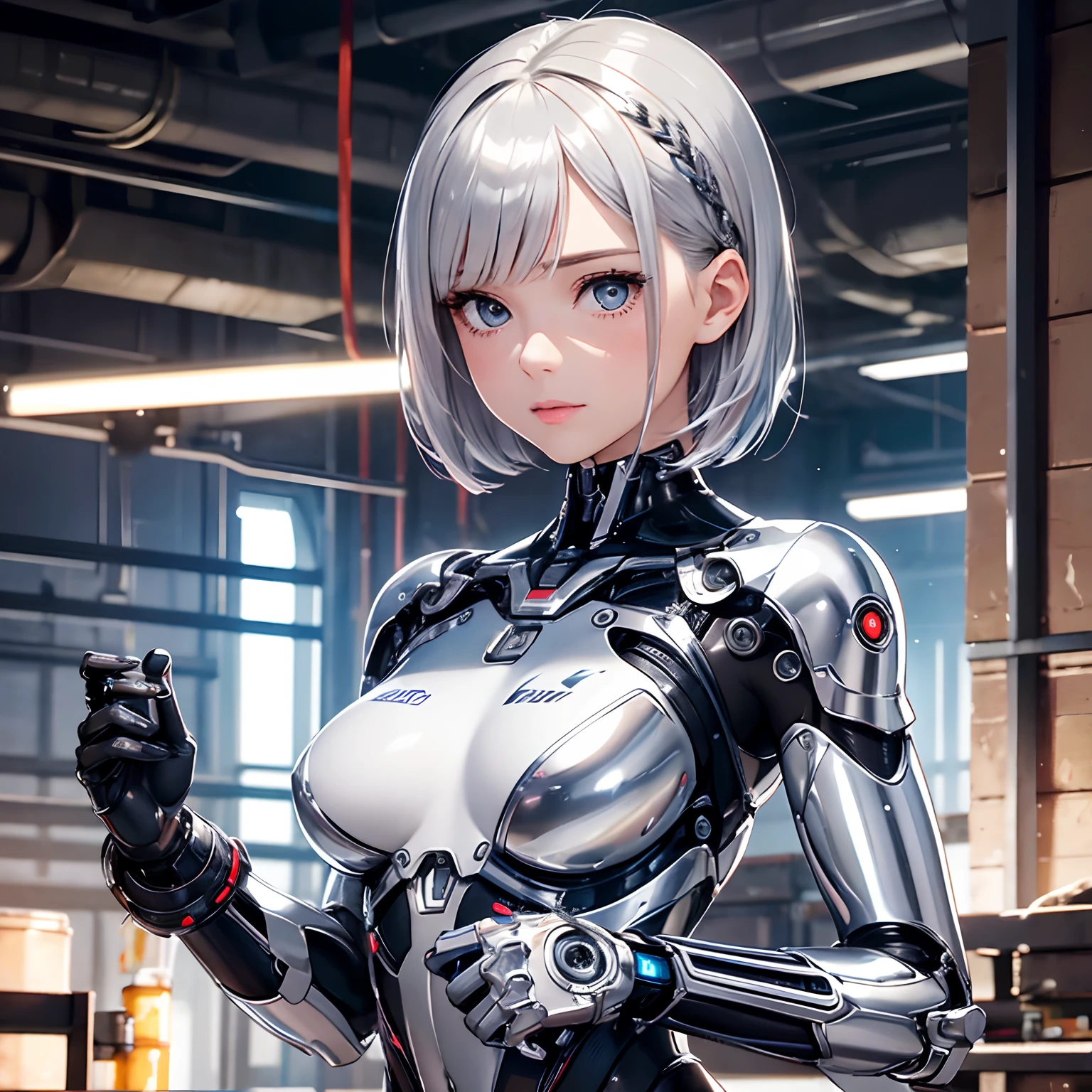 finest image, portrait, detailed and delicate depiction, the face is human and the body is chrome plated mechanical parts sexy beautiful cute android cyborg female is working on replacing her abdominal parts, light silver glossy braided bangs short hair, precise and detailed parts, sparks fly, background, warehouse, repair plant, spark, professional lighting