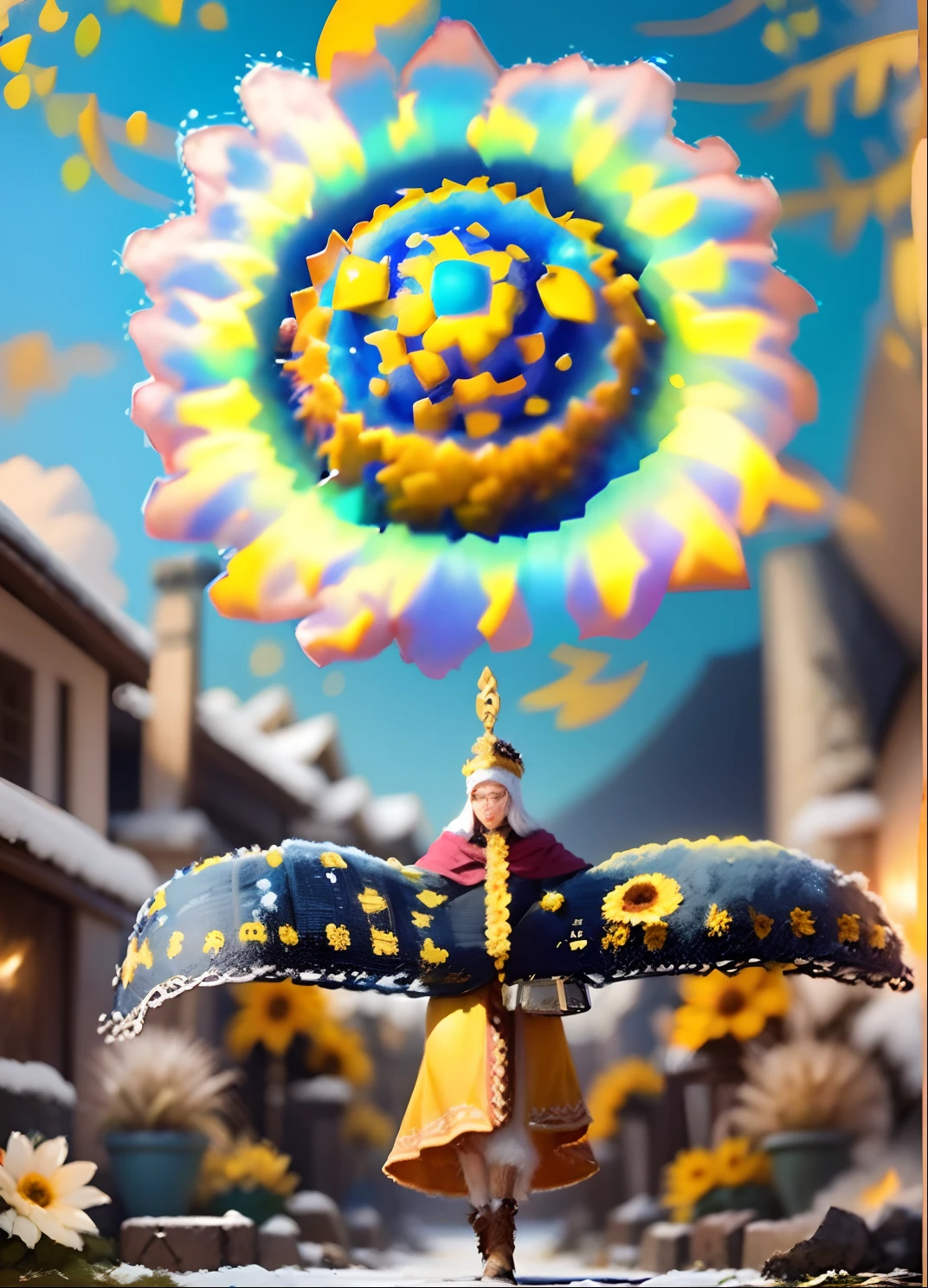 In a very grand scene，The extra-large wide-angle lens captures the appearance of a female centaur。She is a Sunflower Worship nun，Always opposed（Healing smiley face of knitted sunflower puppet😊：99.99）DOA。She is tall，It has the ultimate curvy beauty，The muscles are slender and firm，Beautiful lines。She has（Super huge sky blue eyes：99.99）、always（Wearing sexy glasses：6.66）、（She wears solemn nun attire：9.9）、Stepping on a boot-style skyscraper-heel、A pink cross hangs on his chest。Use Midjourney's advanced tools，Designed for female centaurs（A knitted sunflower puppet and create a super healing cartoon smiley face in the center of the flower tray as a decoration：9.9），and noble and solemn nun costumes，and highlight her unique physiological characteristics and appearance details，Add realism。And in the context of her prayers and listening to confessions，Spectacular views of nature，Such as the sky where storms and sunny days alternate、Brilliant rivers of stars and auroras、The snow-capped summit of Mount Everest、Fireworks in the mountain town, etc。ao mesmo tempo，Away from the hustle and bustle next to the chapel，Create a fantastic scene。Use Midjourney's advanced tools and multiple color palettes、Brush Strokes、Texture tools and model packages，It shows a sense of atmosphere where beauty and charm coexist。The charm of the female centaur is highlighted through color and lines，Enhance realism with detailing，Create a surreal dreamy feeling。Additionally，Use Midjourney's tools to add various exorcism props and books to the female centaur、pergaminhos，Create intricate hairstyles and outfits，Give her a sense of premium。She never flinches，No matter what monster you encounter，can respond quickly，Even the most extreme armies of natural disasters and monsters could not stop her and her front（Sunflower with Tyndall effect that emits sunlight9.99）。Use Midjourney's powerful tools，You can do it with incredible detail and beauty，Bring this ultra-grand and beautiful scene to life。Ultra-grand scenes，s