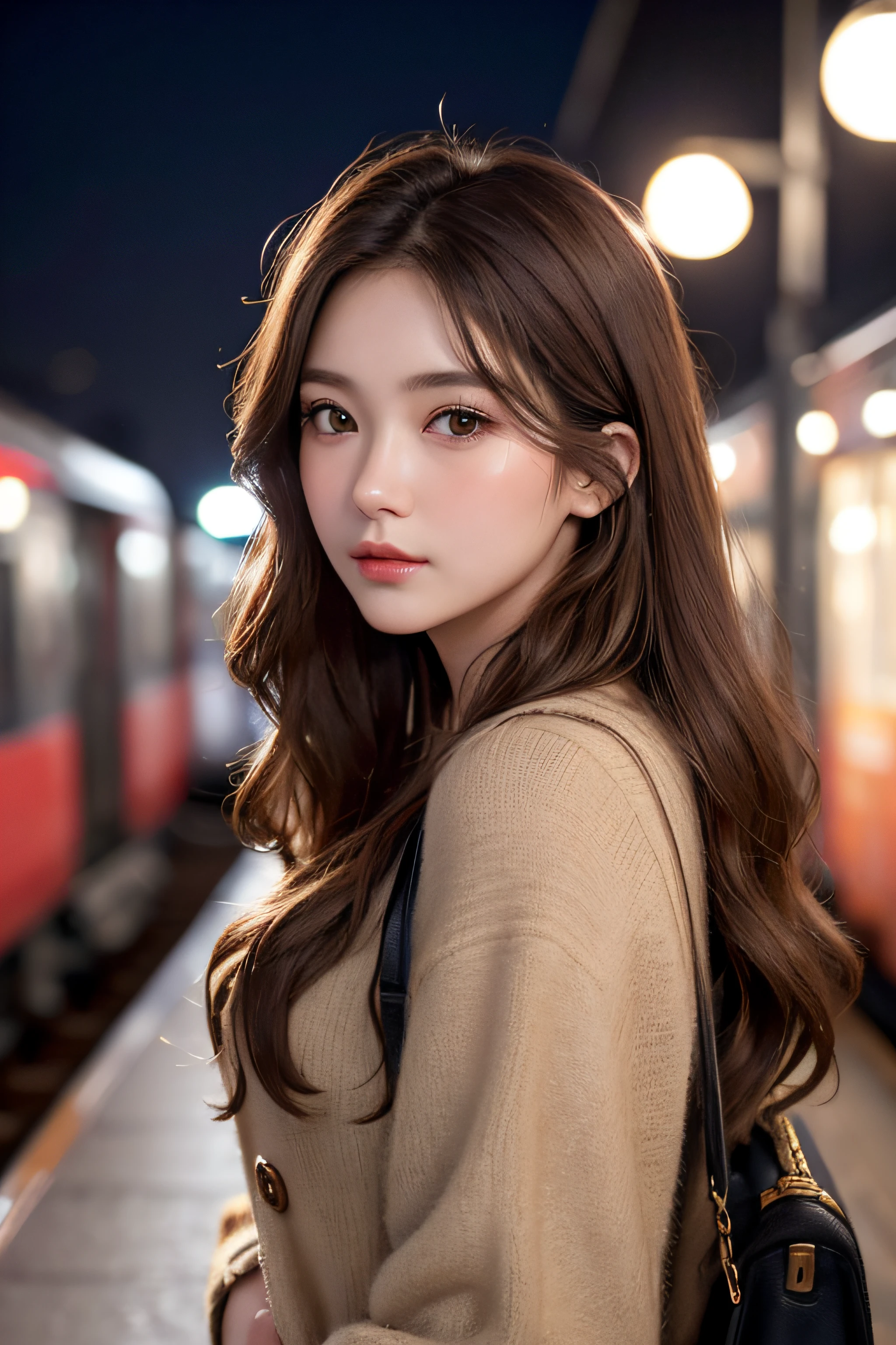 1womanl、Early 20s、(Strong-willed super beautiful woman)、(ultra beautiful faces)、Wearing makeup、Wavy brown hair、Standing on the station platform in the big city at night、Background is a stationary train、Shallow depth of field