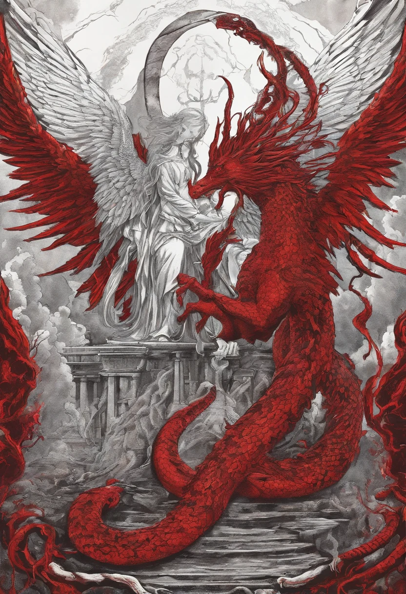 Shining angel, majestic being, chain in his HANDS, holding the dragon in the form of a serpent, strong red colors, lake of fire, fire falling from the sky